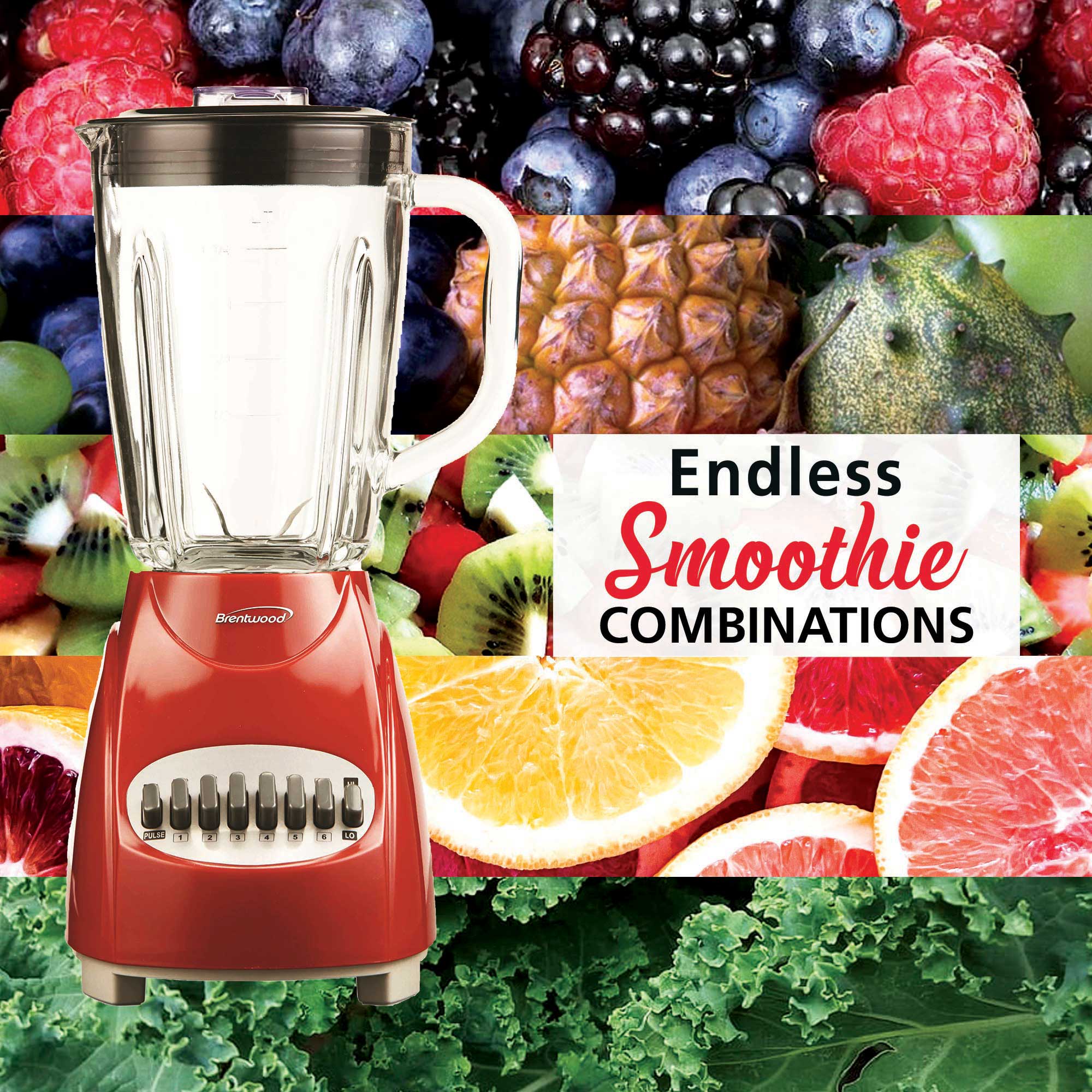 Brentwood JB-920R 12-Speed + Pulse Blender with Glass Jar, Red