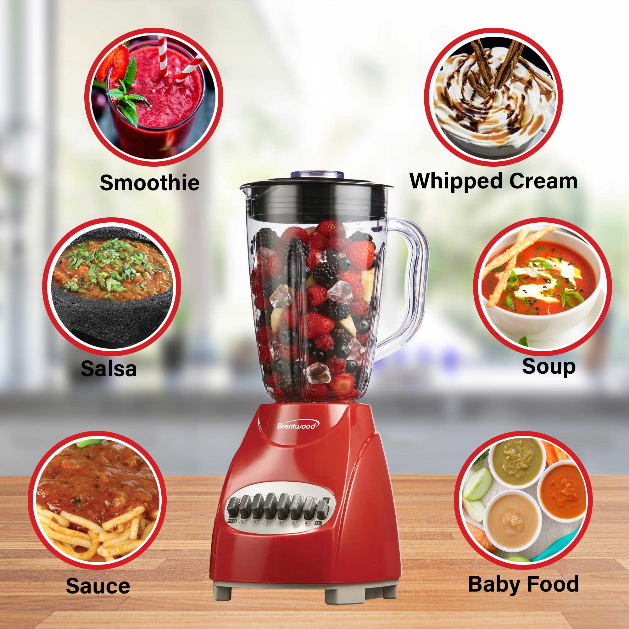 Brentwood JB-920R 12-Speed + Pulse Blender with Glass Jar, Red