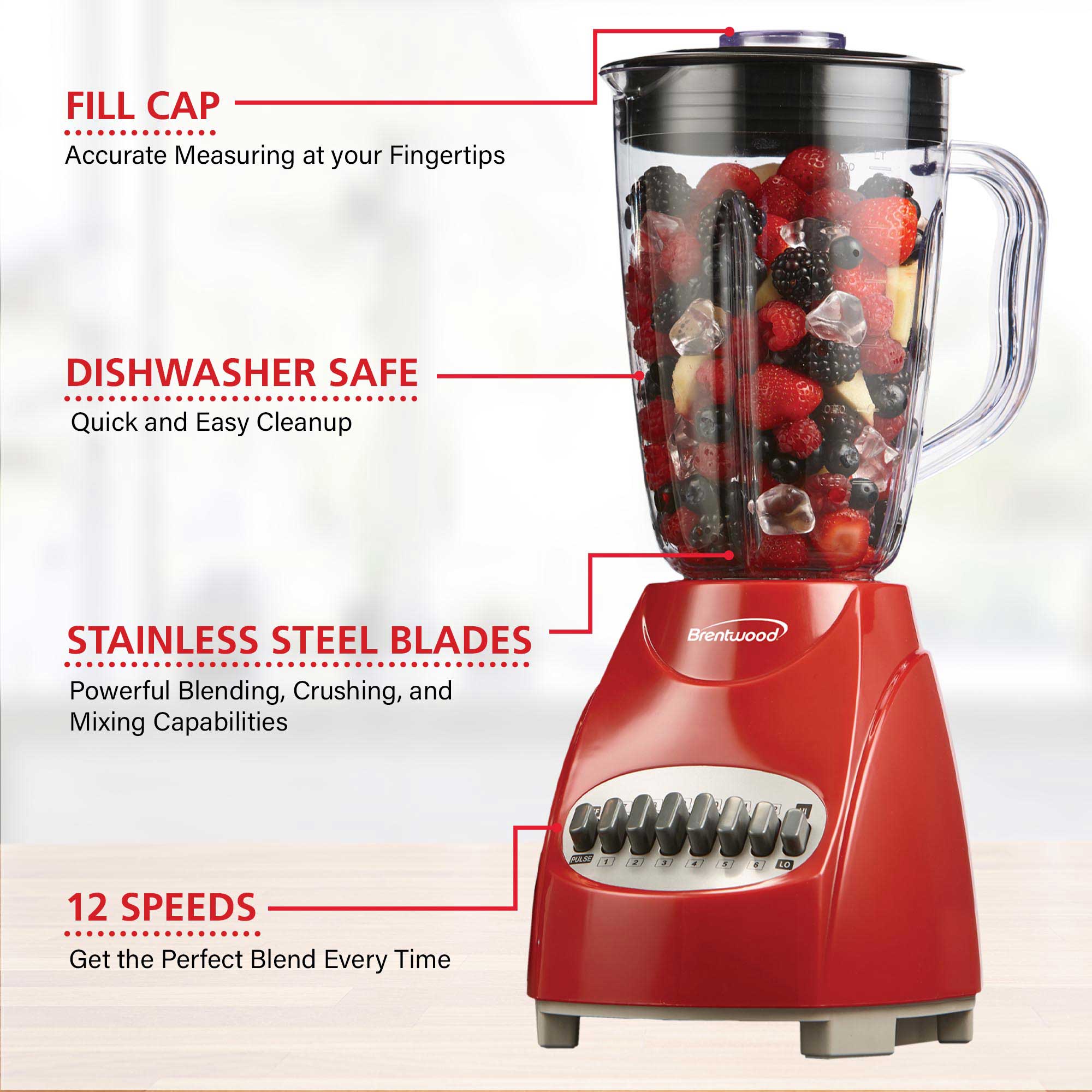 Brentwood JB-920R 12-Speed + Pulse Blender with Glass Jar, Red