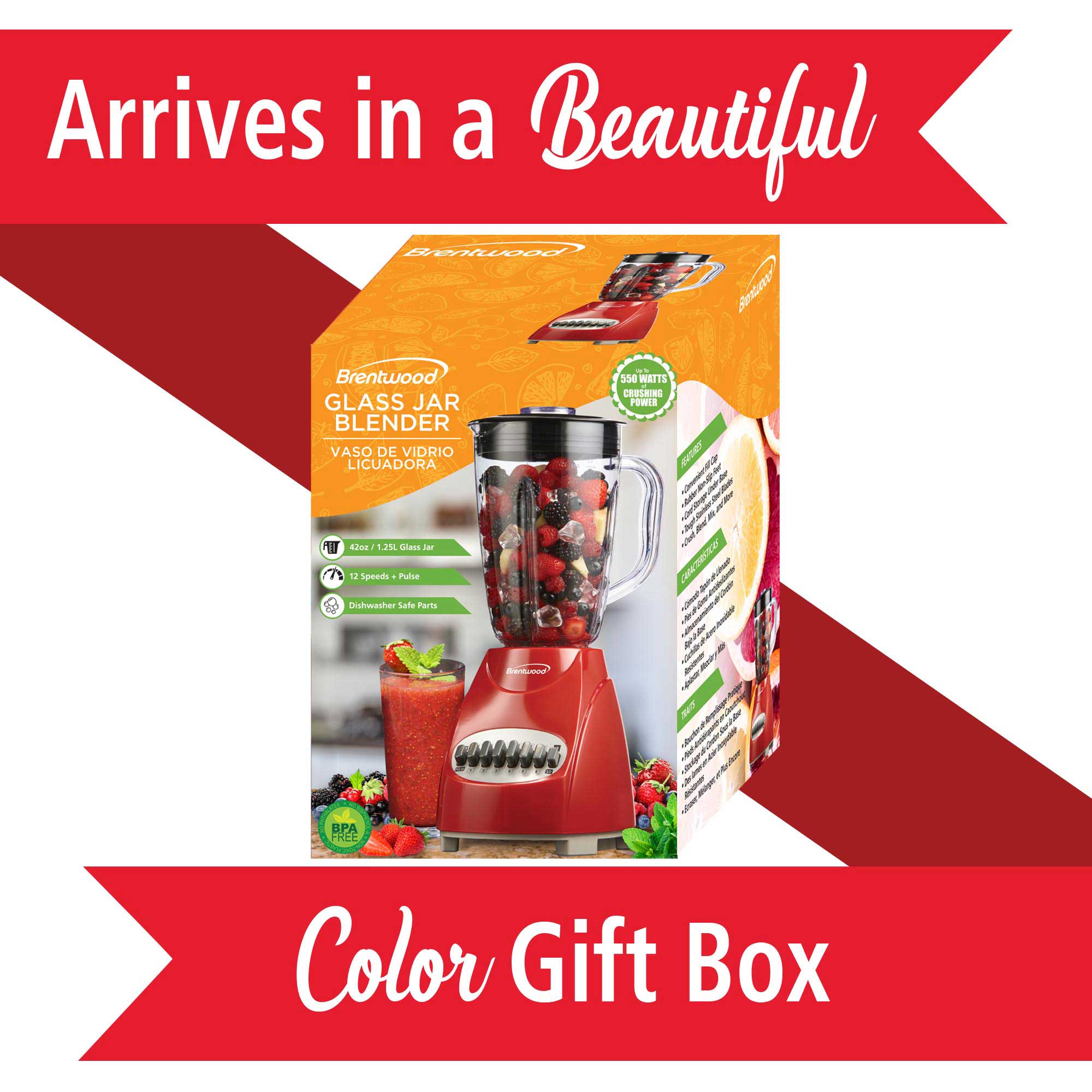 Brentwood JB-920R 12-Speed + Pulse Blender with Glass Jar, Red