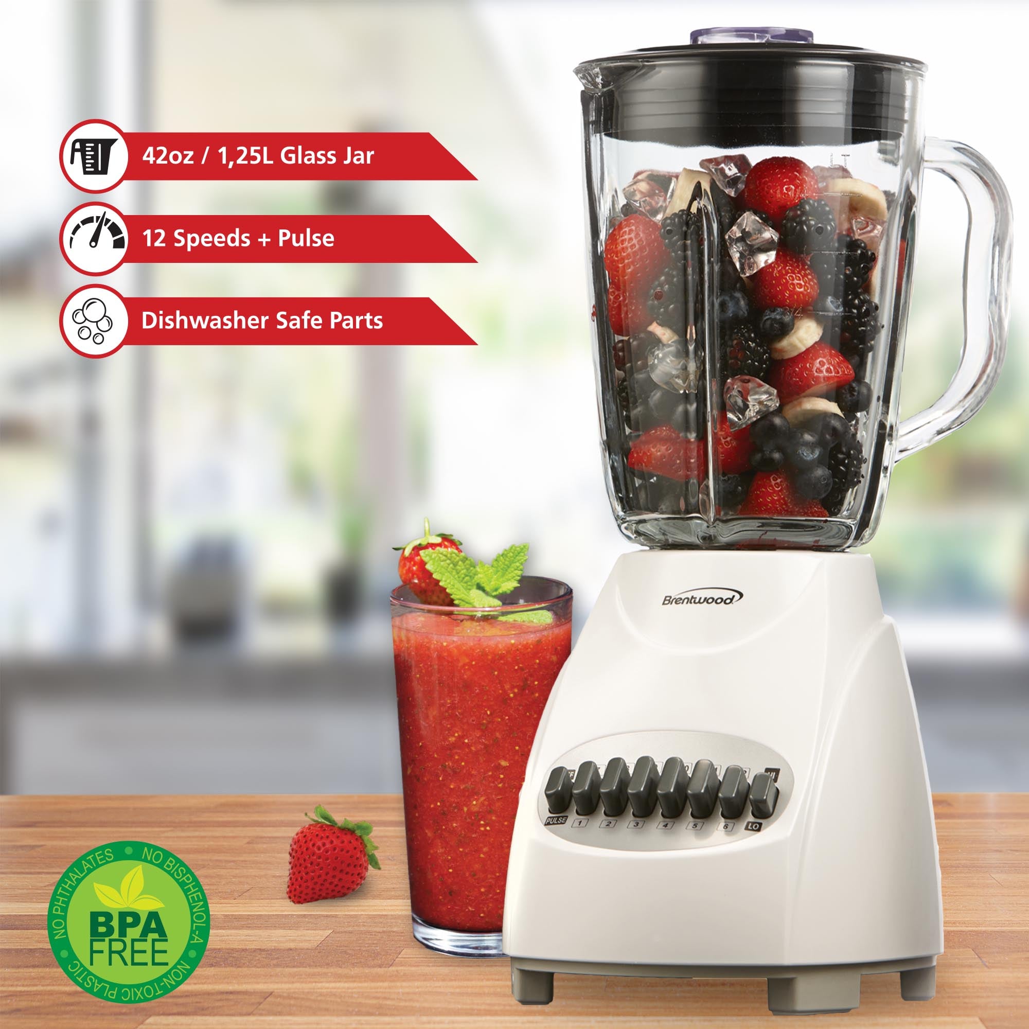 Brentwood JB-920W 12-Speed + Pulse Blender with Glass Jar, White