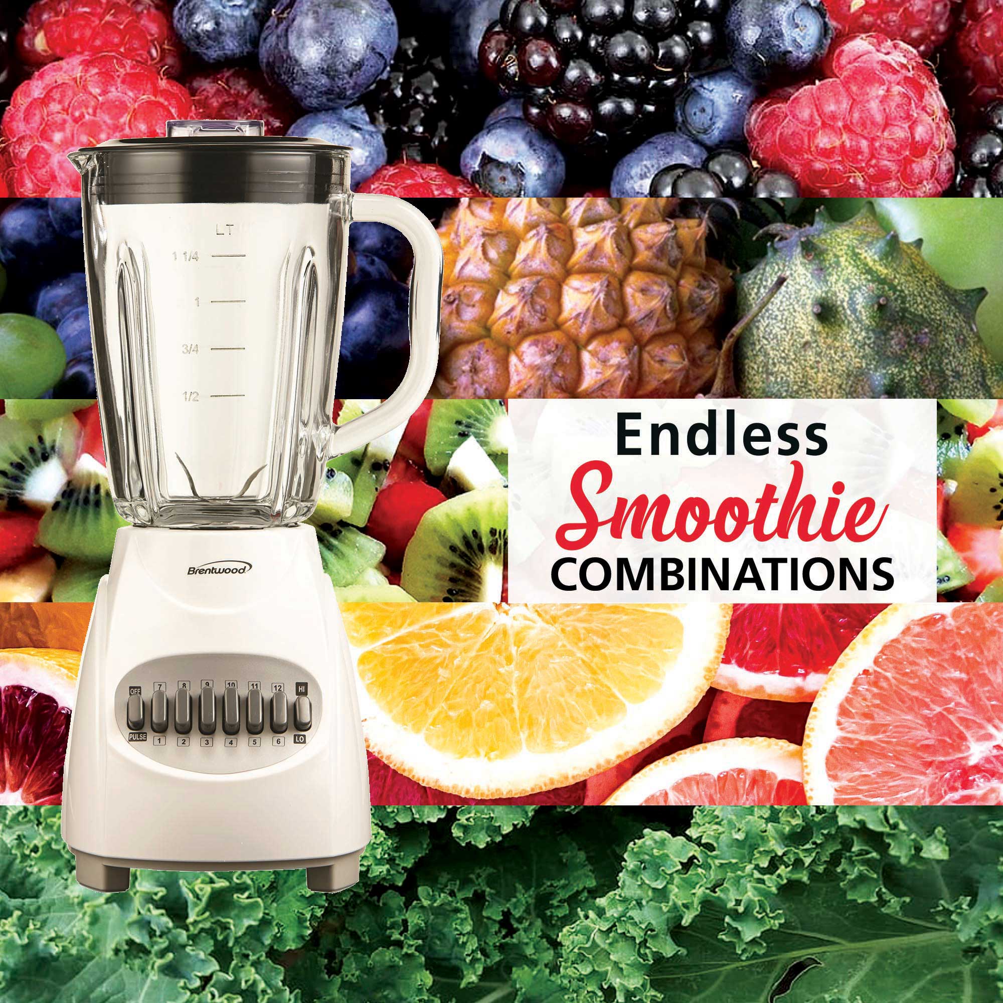 Brentwood JB-920W 12-Speed + Pulse Blender with Glass Jar, White