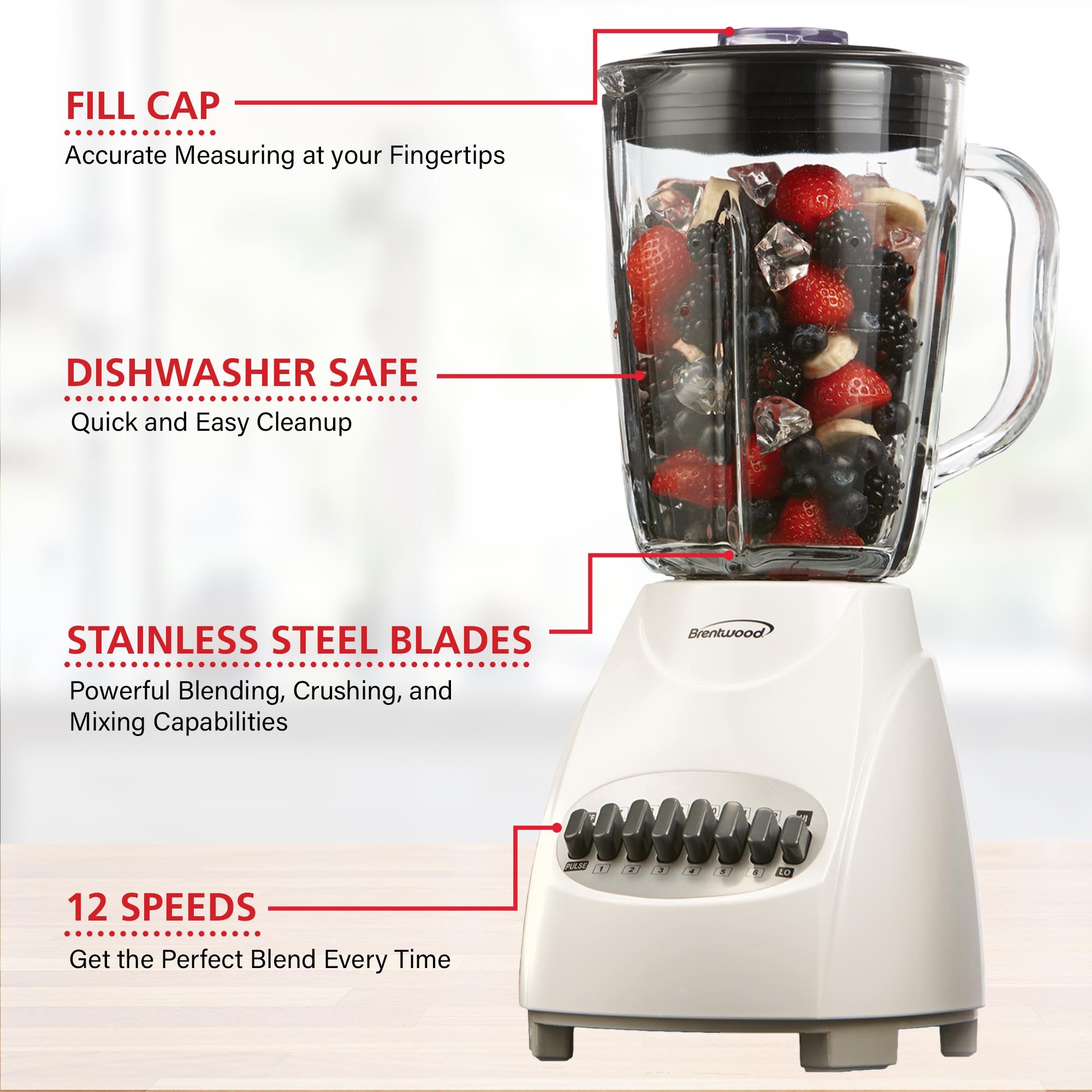 Brentwood JB-920W 12-Speed + Pulse Blender with Glass Jar, White