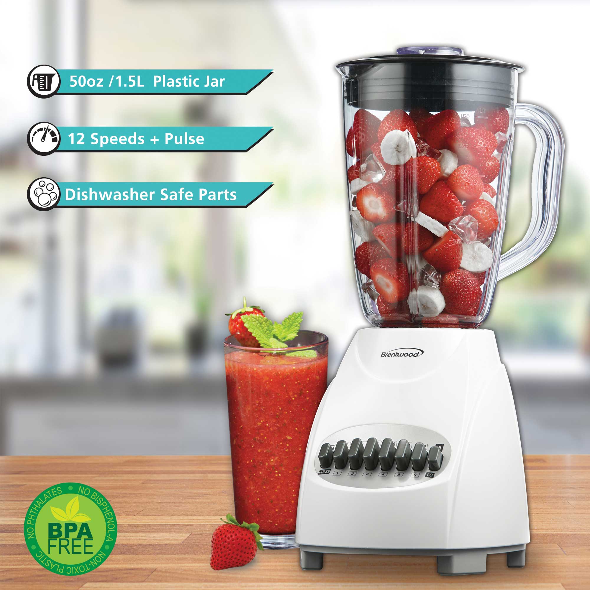 Brentwood JB-220W 12-Speed + Pulse Blender, White