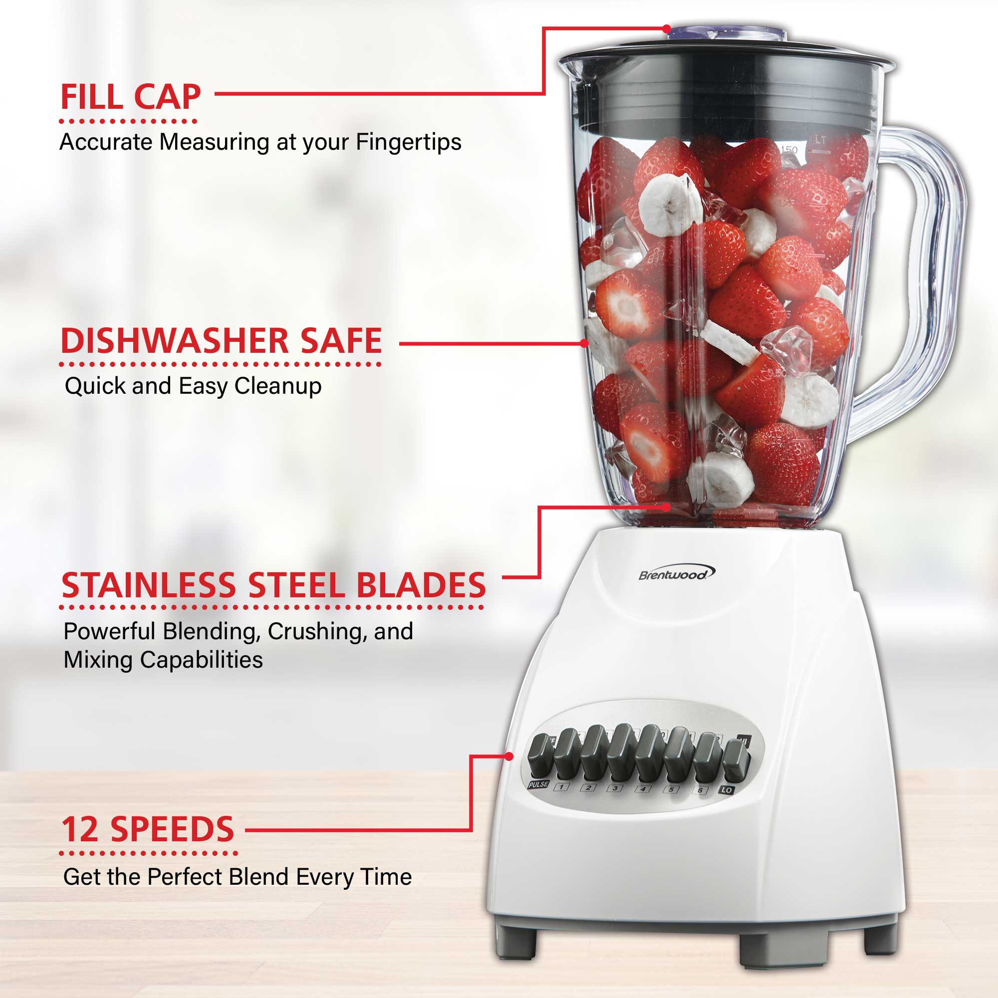 Brentwood JB-220W 12-Speed + Pulse Blender, White
