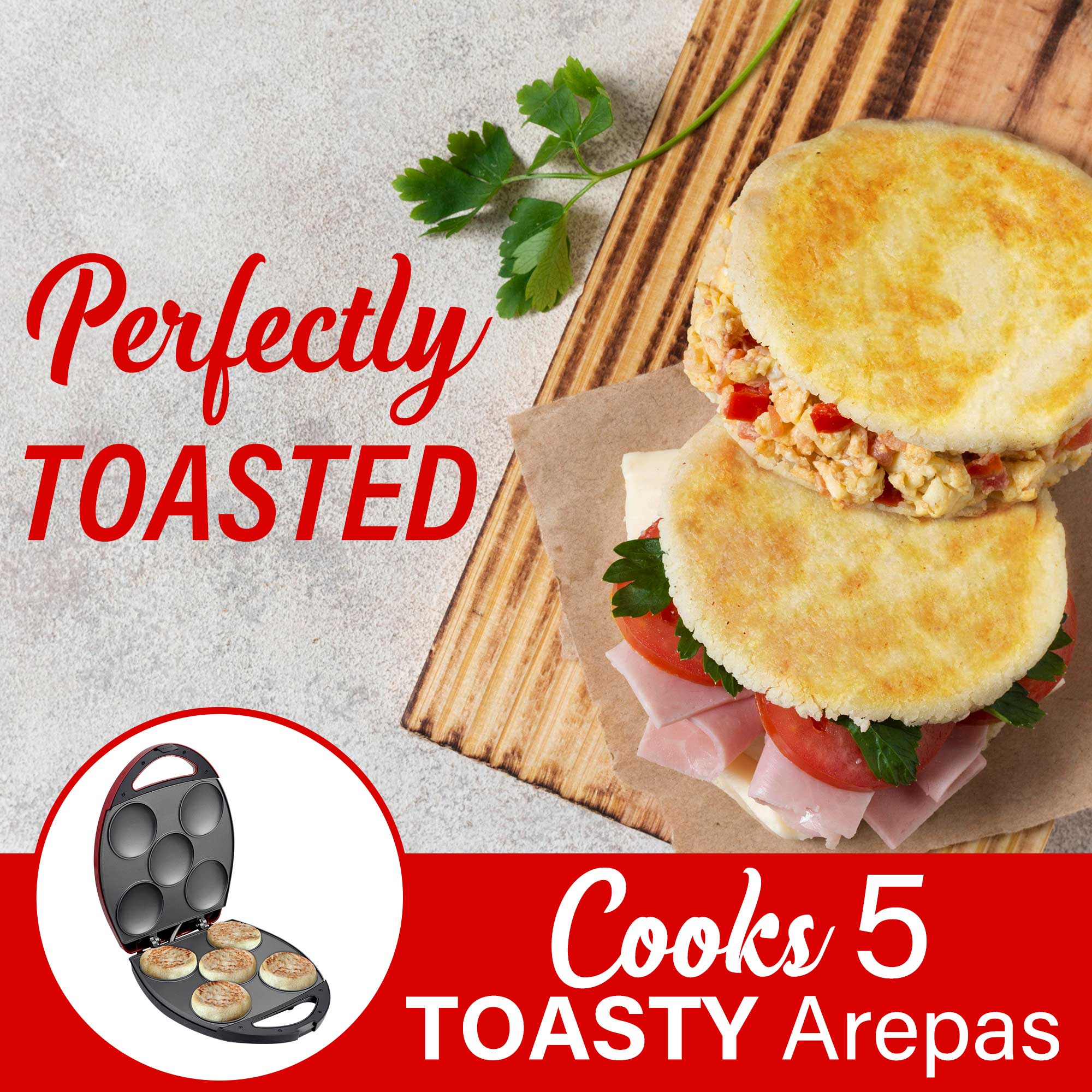 Brentwood AR-137R 5-Piece Non-Stick Arepa Maker, Red