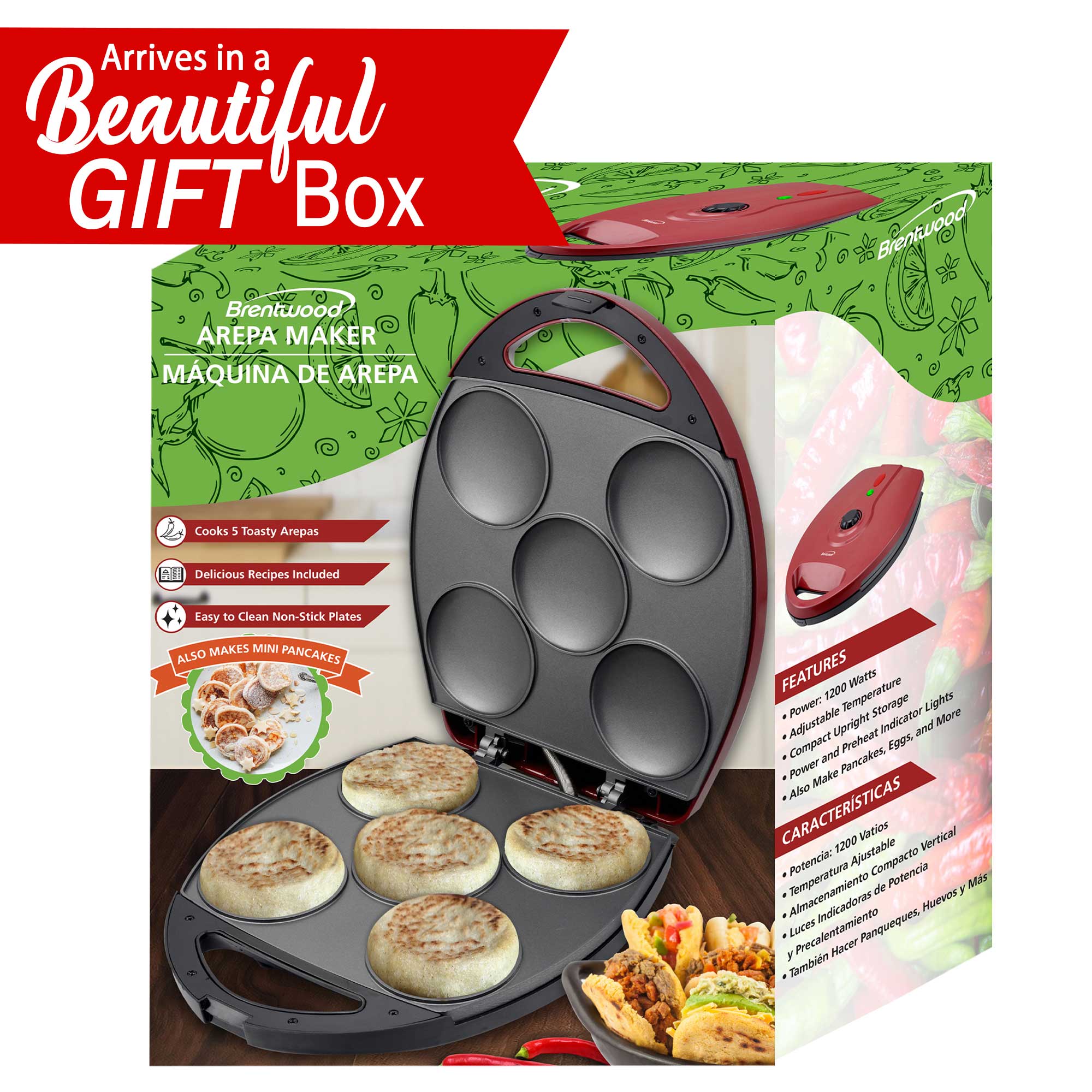 Brentwood AR-137R 5-Piece Non-Stick Arepa Maker, Red