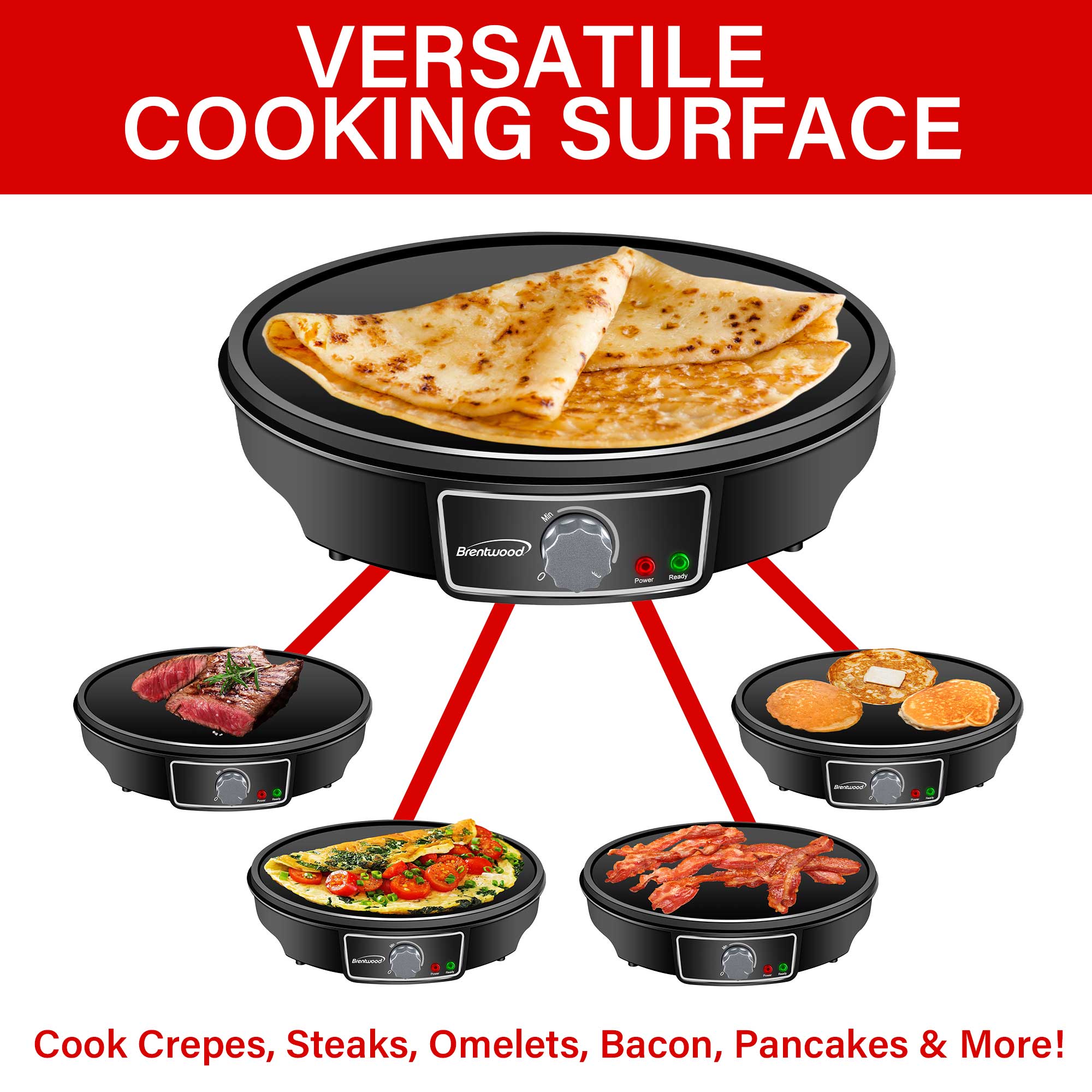 Brentwood TS-602BK 12-Inch Electric Non-Stick Crepe Pancake Maker and Griddle with Spatula and Spreader, Black