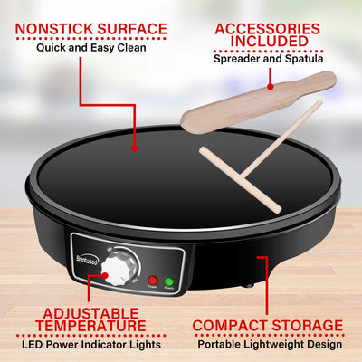 Brentwood TS-602BK 12-Inch Electric Non-Stick Crepe Pancake Maker and Griddle with Spatula and Spreader, Black