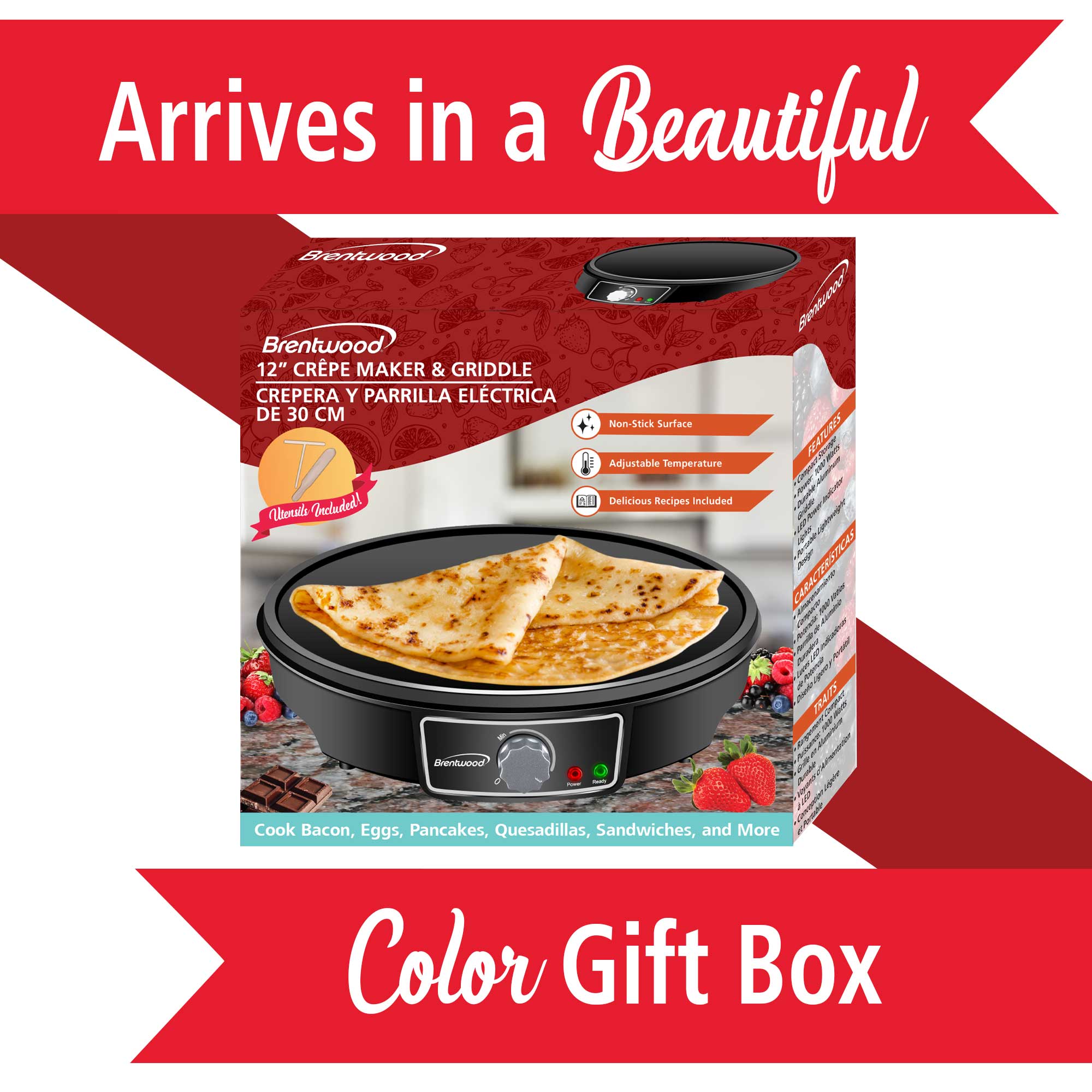 Brentwood TS-602BK 12-Inch Electric Non-Stick Crepe Pancake Maker and Griddle with Spatula and Spreader, Black