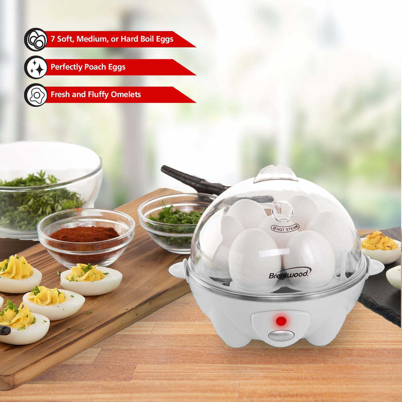 Brentwood TS-1045W Electric 7 Egg Cooker with Auto Shut Off, White
