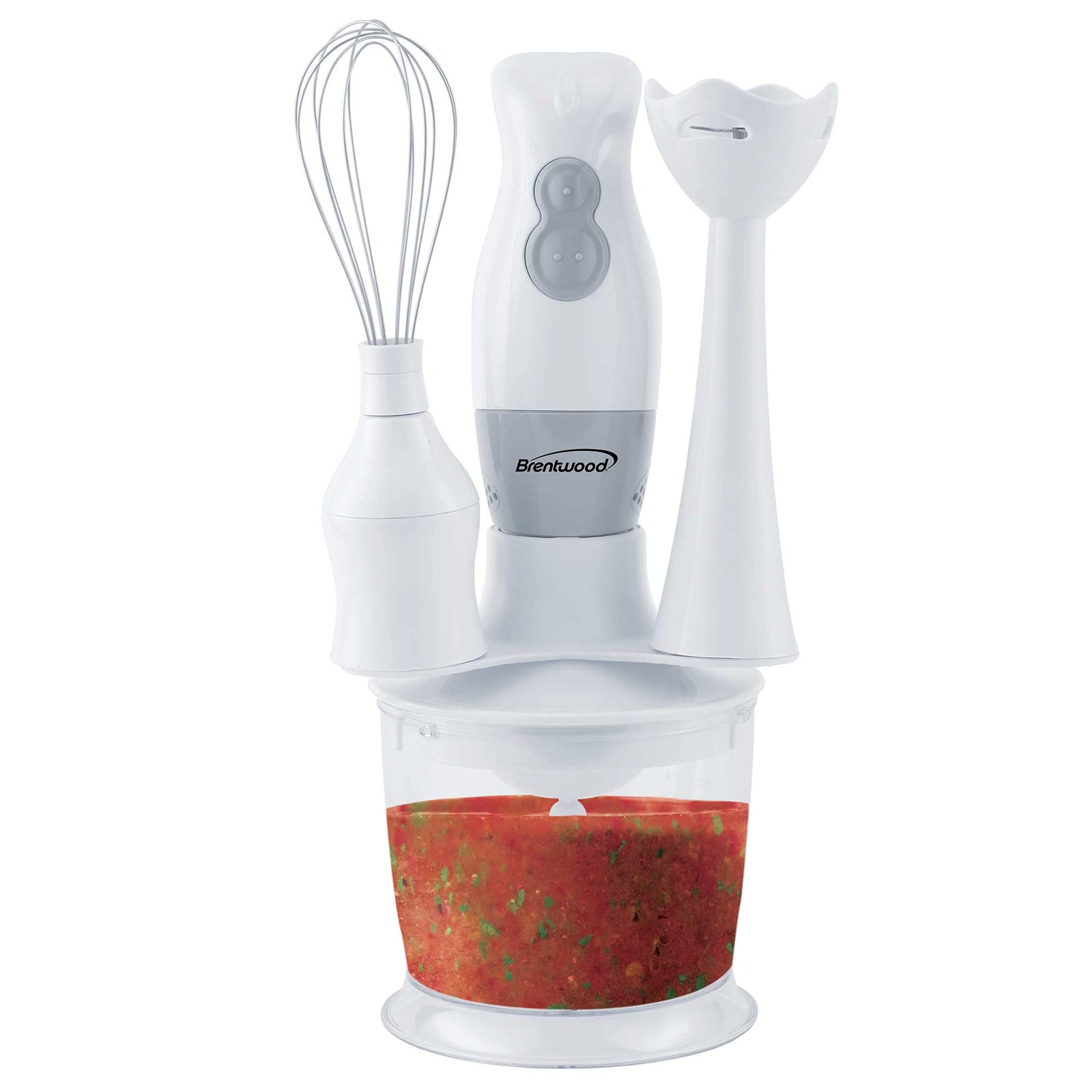 Brentwood HB-38W 2 Speed Hand Blender and Food Processor with Balloon Whisk, White