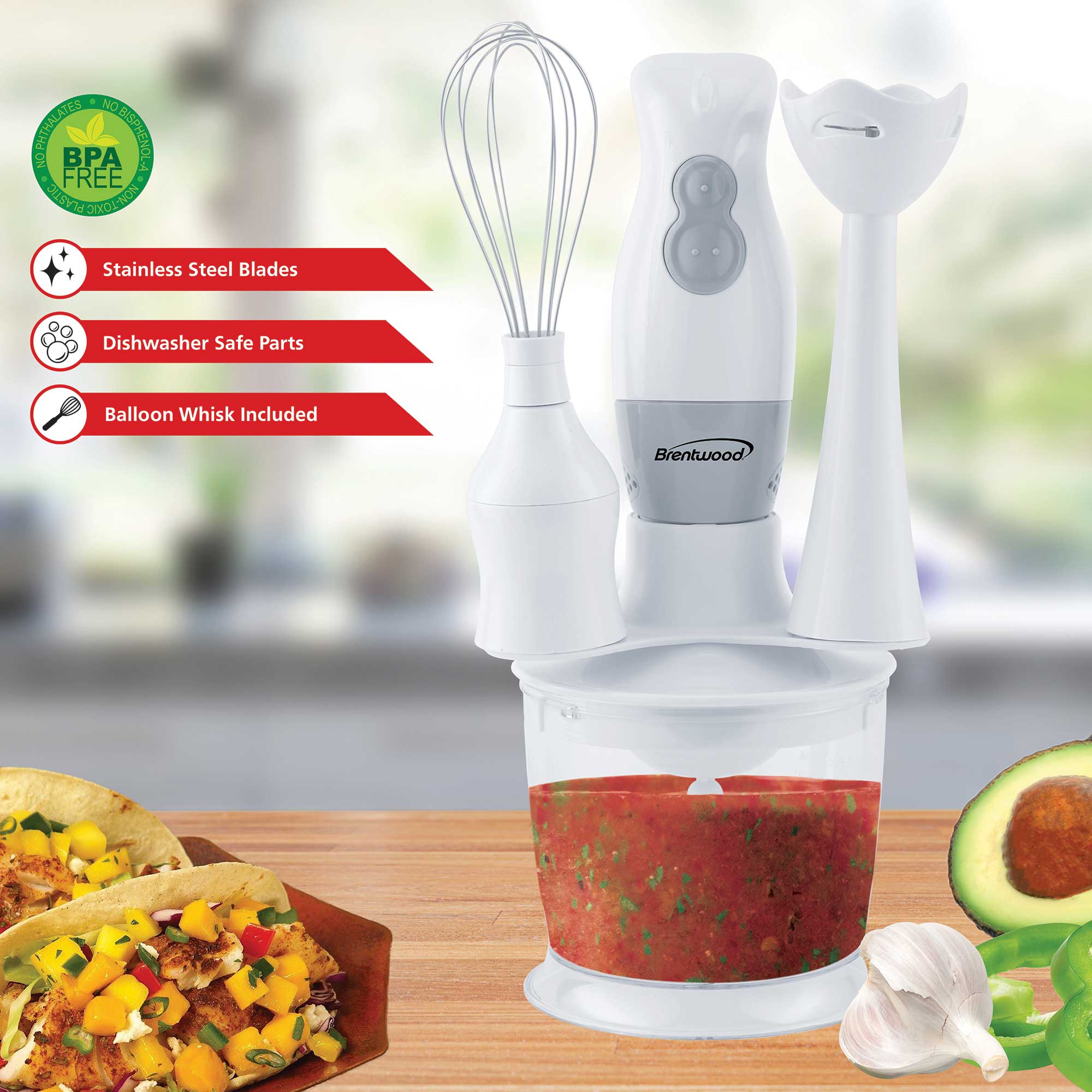 Brentwood HB-38W 2 Speed Hand Blender and Food Processor with Balloon Whisk, White