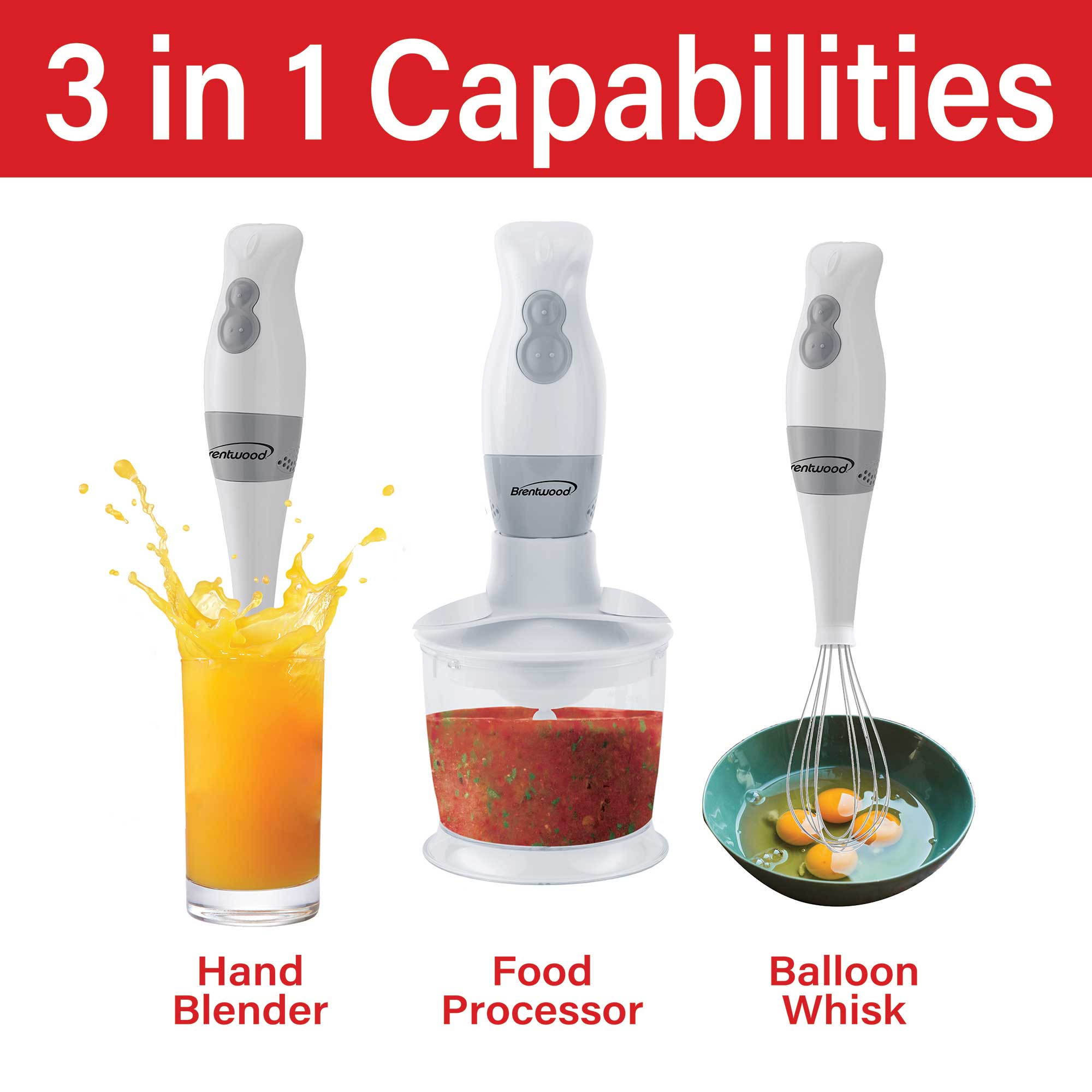 Brentwood HB-38W 2 Speed Hand Blender and Food Processor with Balloon Whisk, White