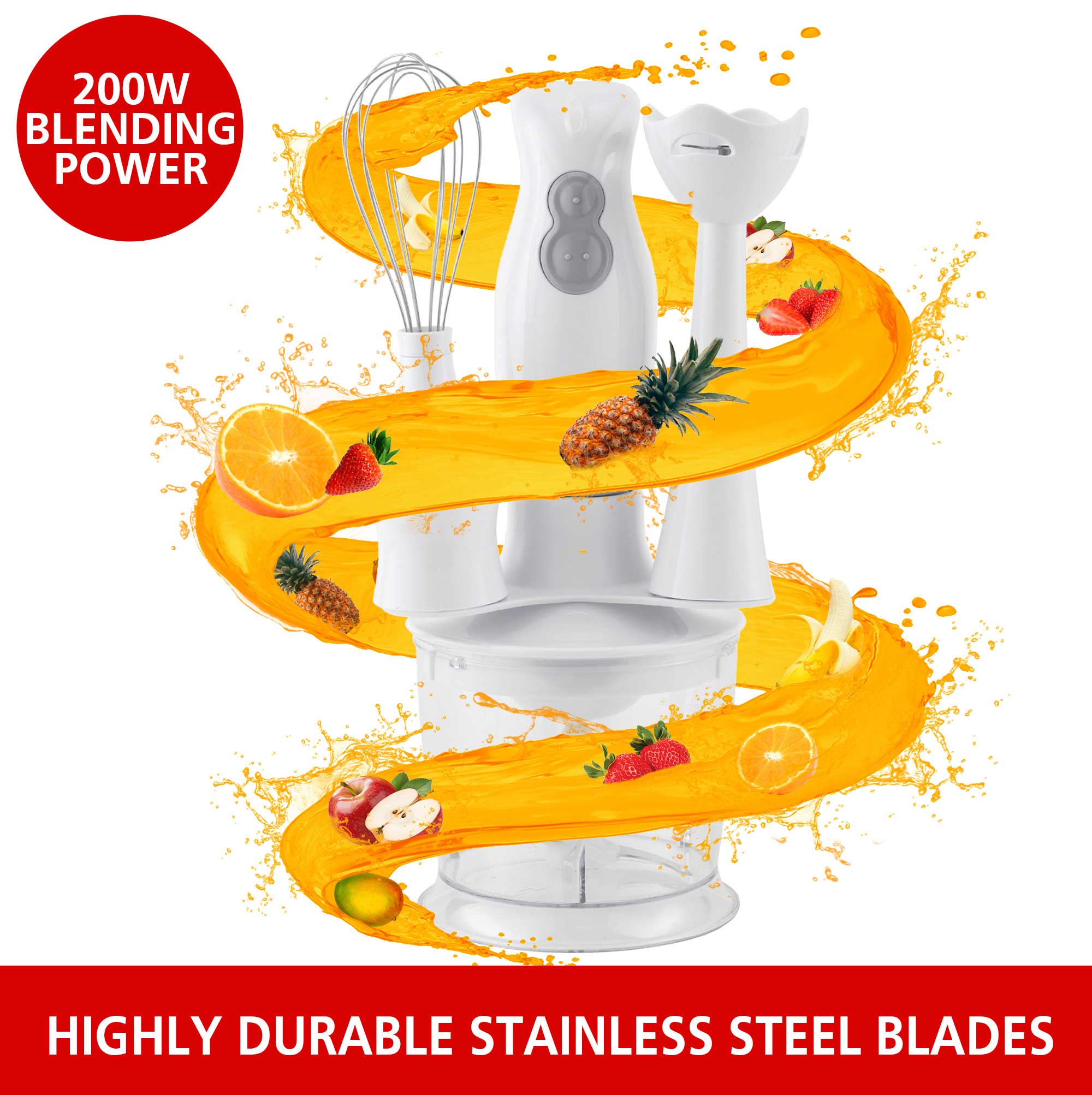 Brentwood HB-38W 2 Speed Hand Blender and Food Processor with Balloon Whisk, White