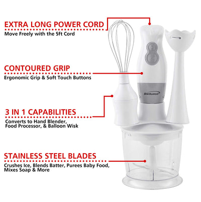 Brentwood HB-38W 2 Speed Hand Blender and Food Processor with Balloon Whisk, White