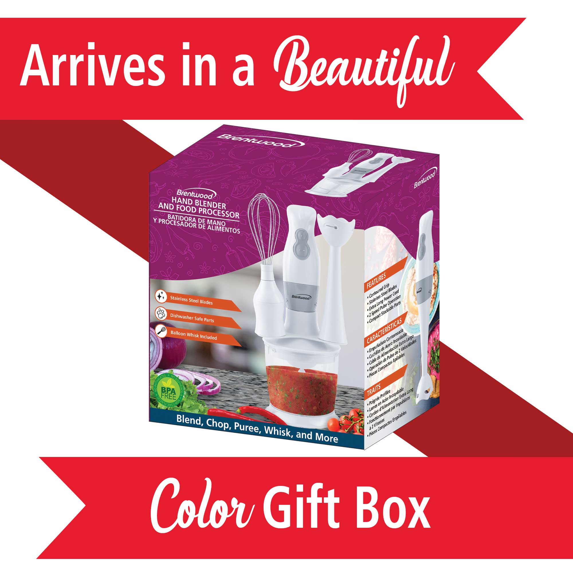 Brentwood HB-38W 2 Speed Hand Blender and Food Processor with Balloon Whisk, White