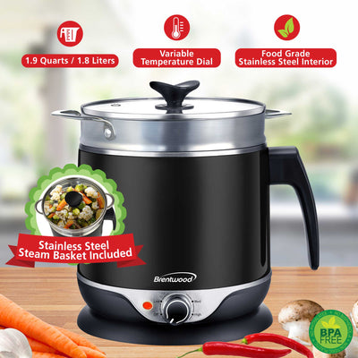 Brentwood HP-3019BK 1.9-Quart Stainless Steel Cordless Electric Hot Pot Cooker and Food Steamer, Stainless Steel
