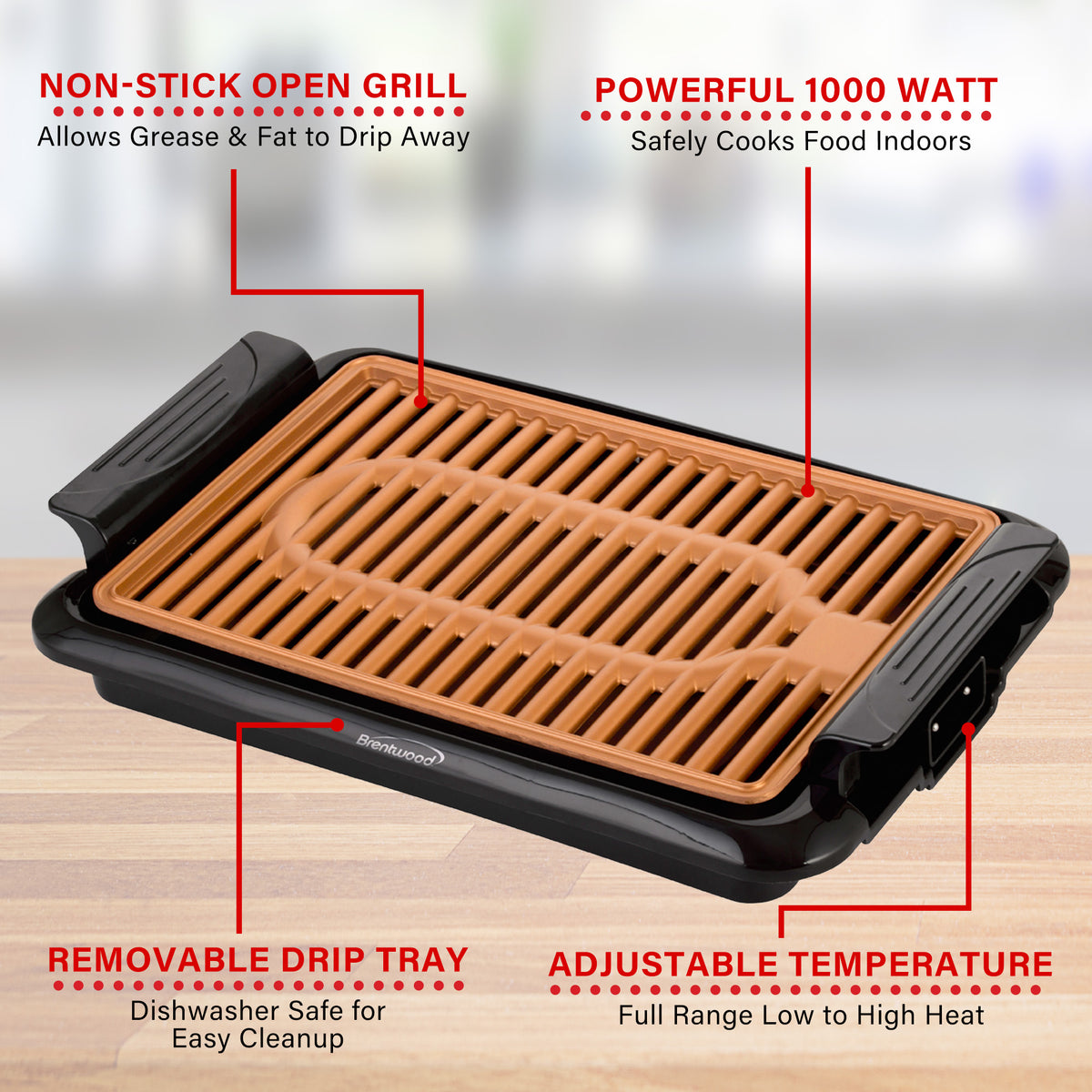 Brentwood TS642 Indoor Electric Copper Grill, 1000 Watt, Black