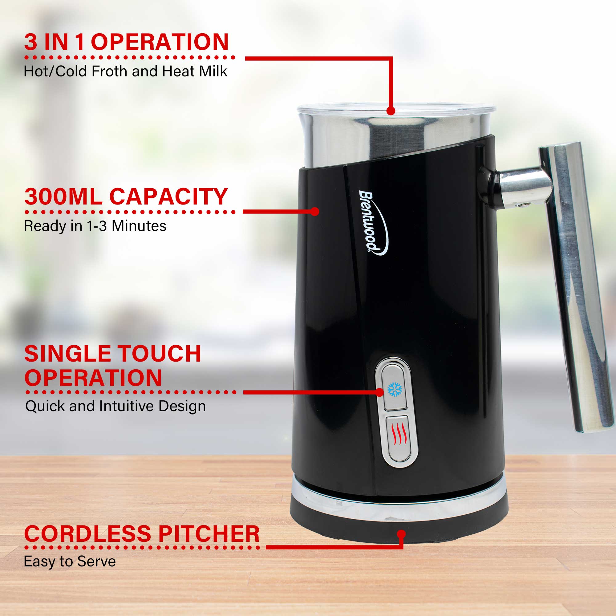 Brentwood GA-301BK Cordless Electric Milk Frother and Warmer, 300ml Capacity, Black