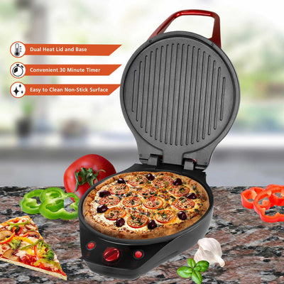 Brentwood TS-124R 12-Inch Non-Stick Pizza Maker and Grill with Timer, Red