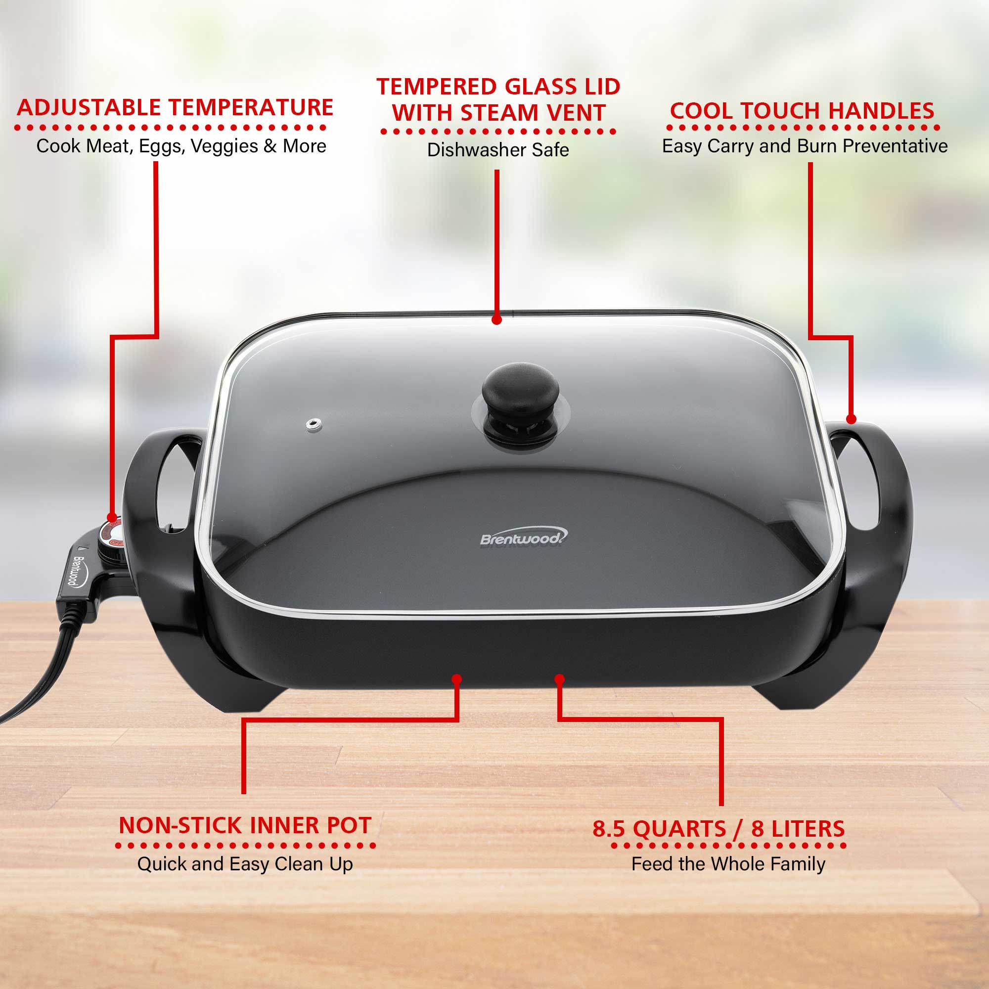 Brentwood SK-75 16-Inch Non-Stick Electric Skillet with Glass Lid, Bla ...