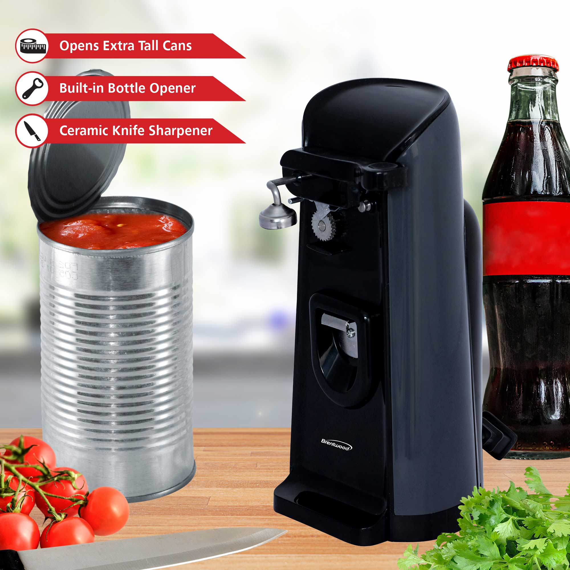 Brentwood J-30B Tall Electric Can Opener with Knife Sharpener & Bottle Opener, Black