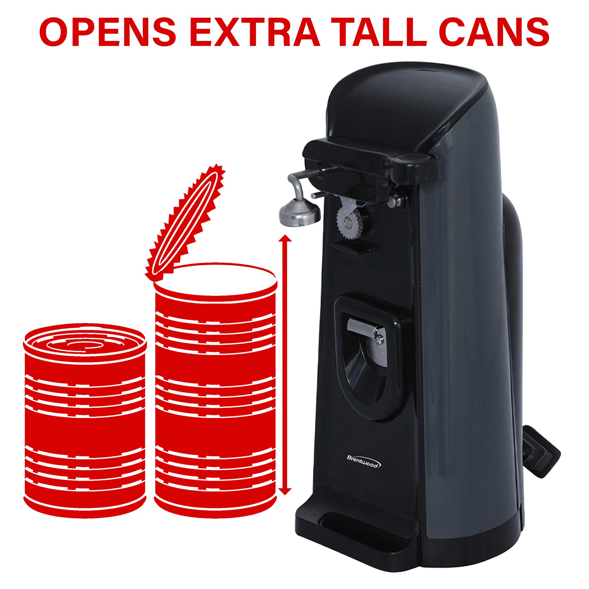 Brentwood J-30B Tall Electric Can Opener with Knife Sharpener & Bottle Opener, Black