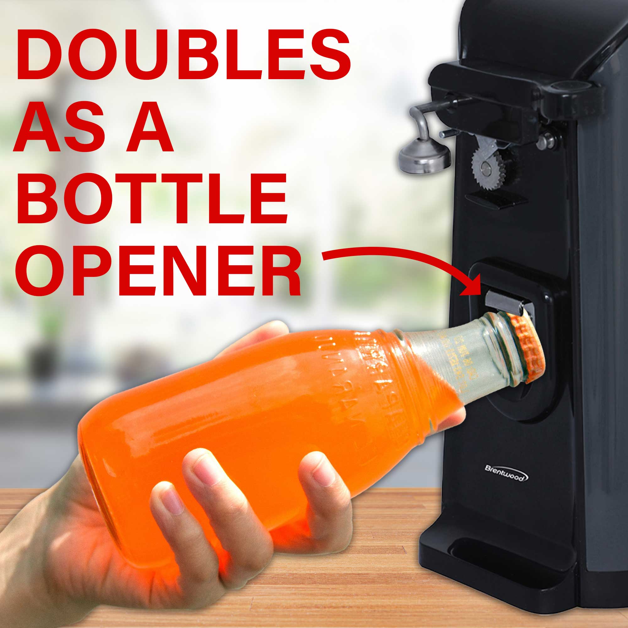 Brentwood J-30B Tall Electric Can Opener with Knife Sharpener & Bottle Opener, Black