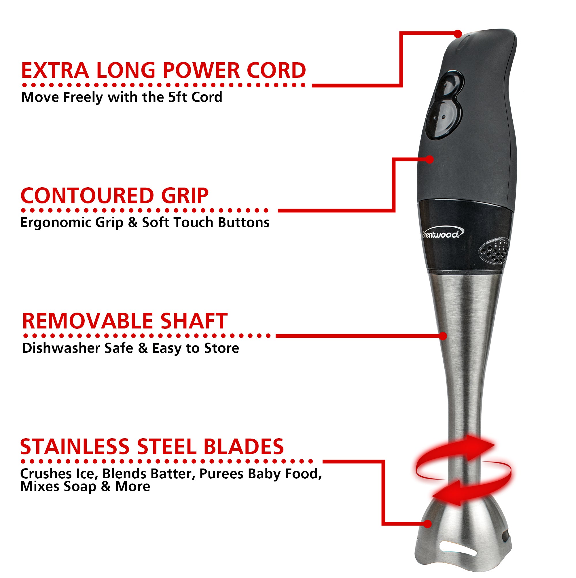 Brentwood HB-33BK 2-Speed 200W Stainless Steel Hand Blender, Black