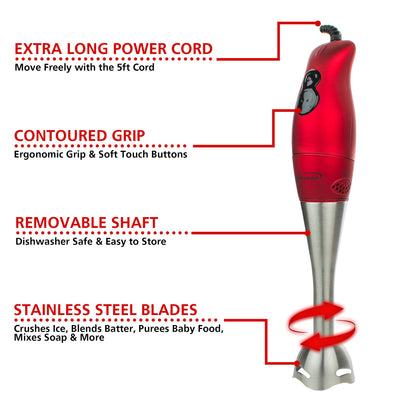 Brentwood HB-33R 2-Speed 200W Stainless Steel Hand Blender, Red