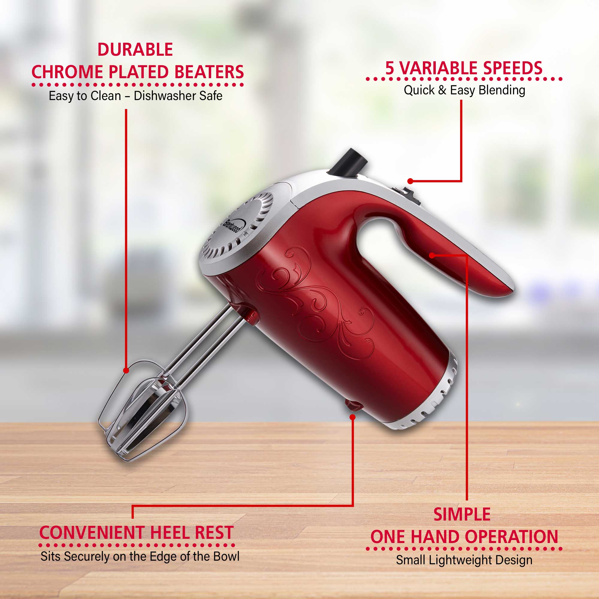 Lumme 5-Speed Hand Mixer 250W Power Advantage in Red