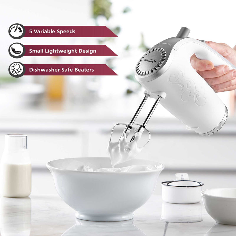 Brentwood HM-48W Lightweight 5-Speed Electric Hand Mixer, White