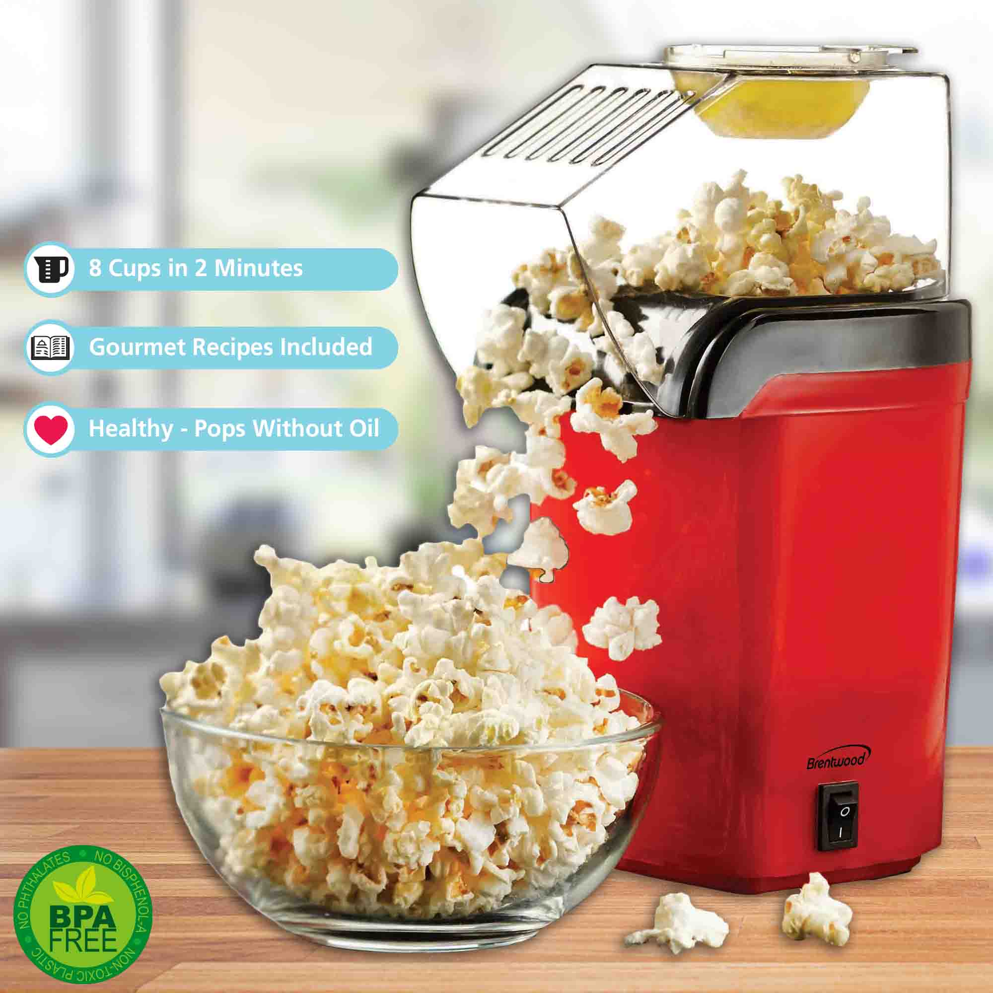 Brentwood PC-486R 8-Cup Hot Air Popcorn Maker, Red - Brentwood