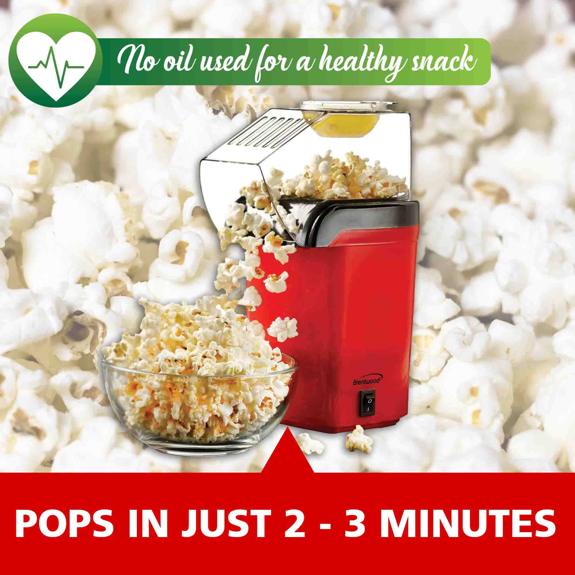 brentwood Brentwood Hot Air Popcorn Maker - Red, Tabletop Popcorn Machine  with Butter Dispenser, 1200W Power