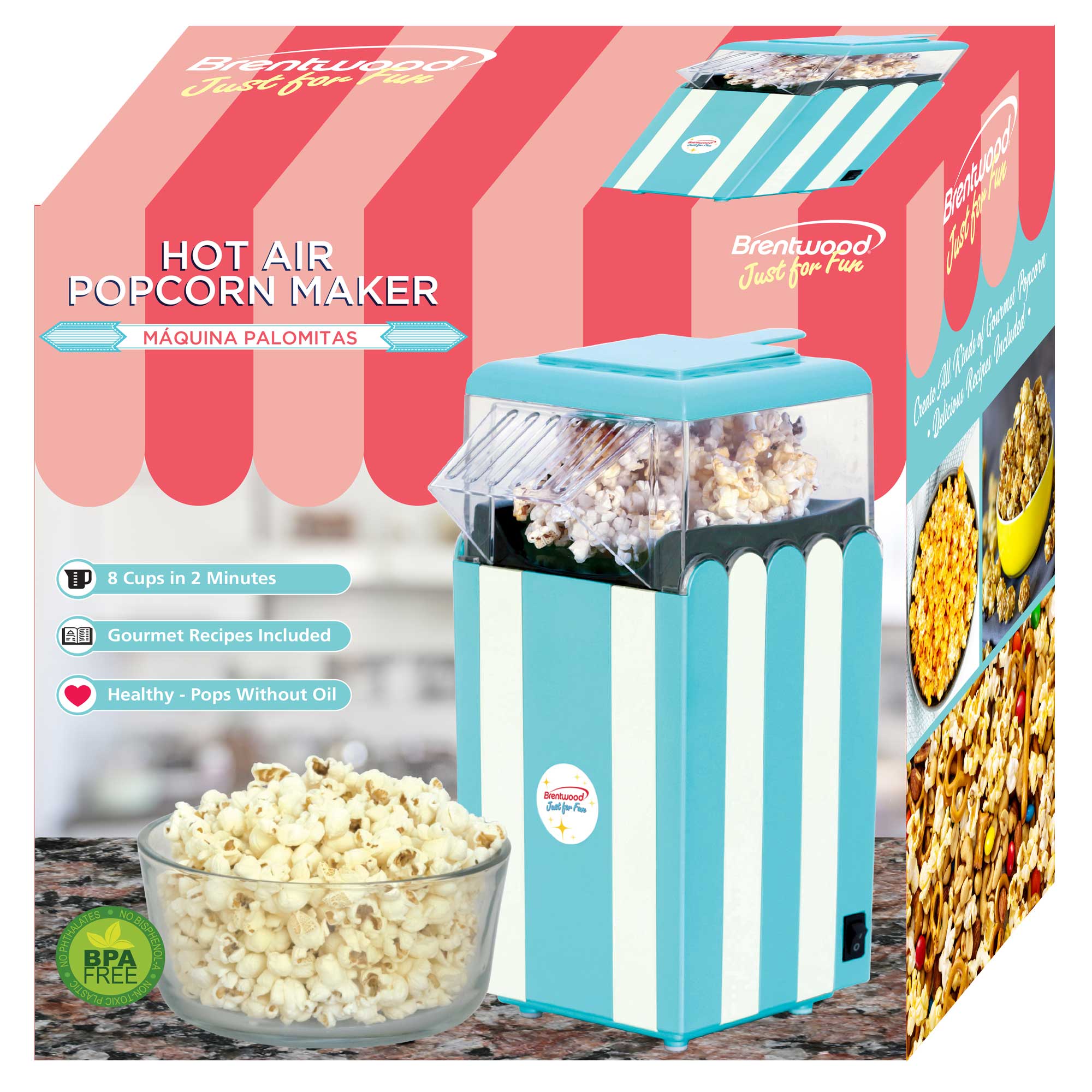 Brentwood PC-488BL Classic Striped 8-Cup Hot Air Popcorn Maker, Blue -  Brentwood Appliances