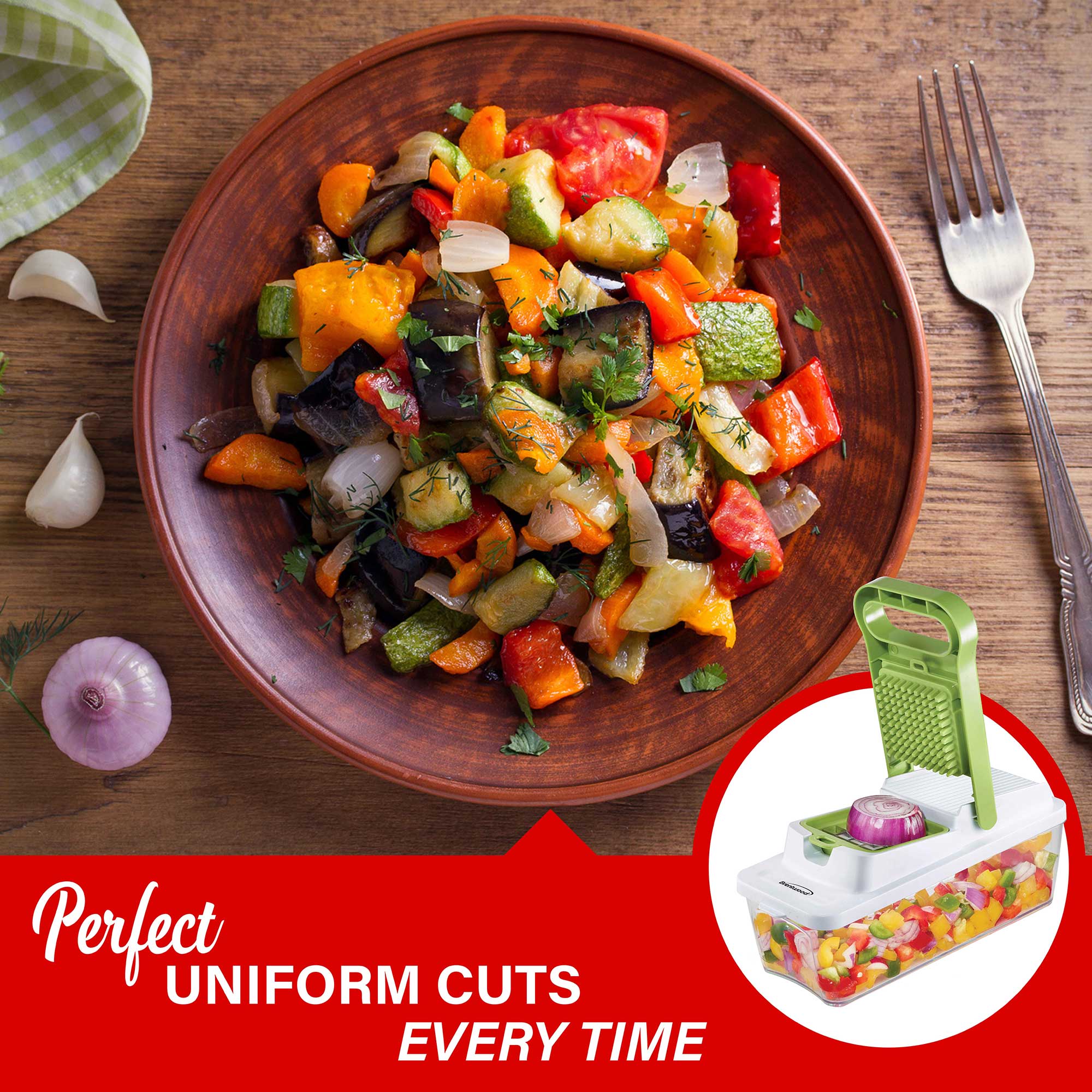 Brentwood KA-5022G Food Chopper and Vegetable Dicer with 6.75-Cup Storage Container and Stainless Steel Blades, Green