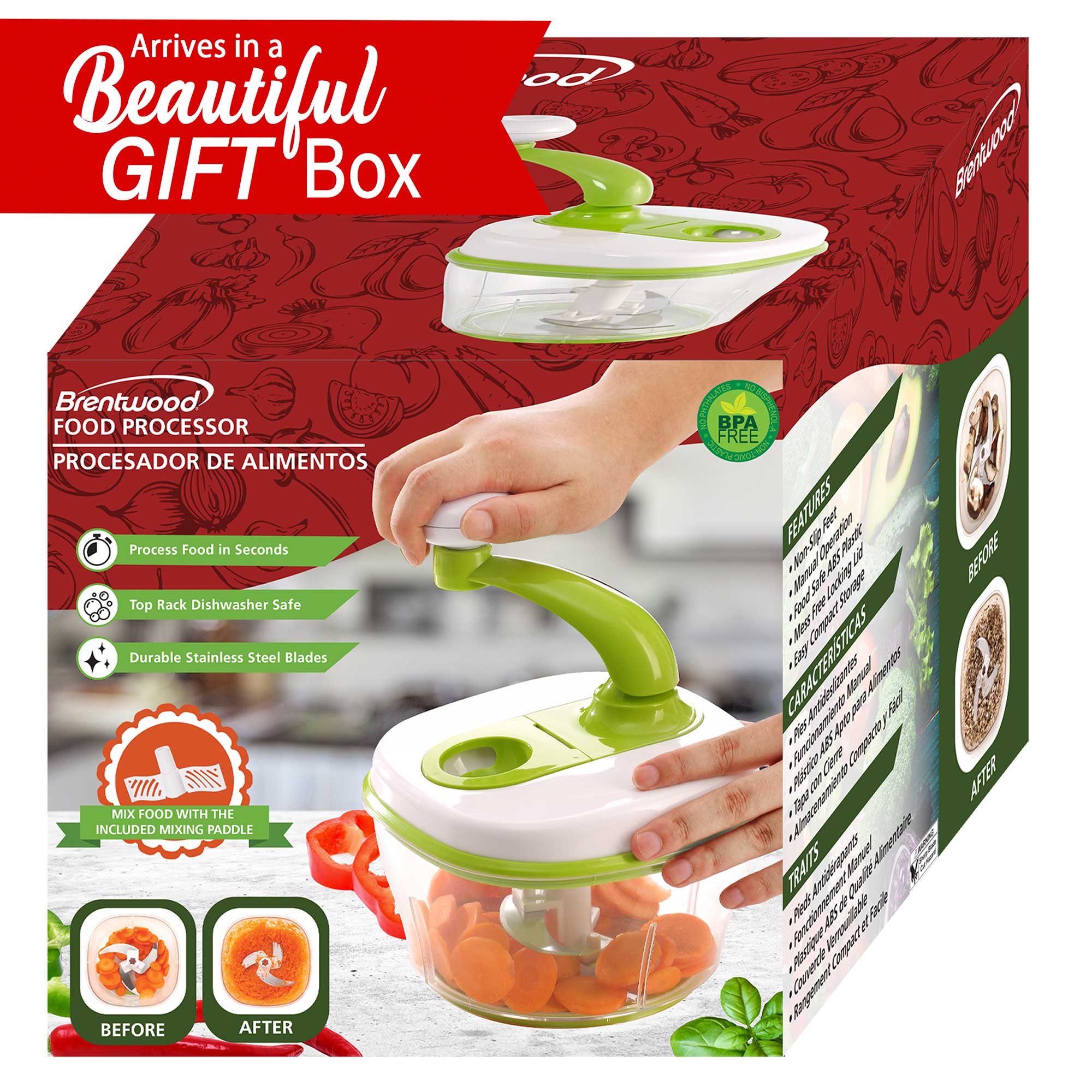 Brentwood KA-5050G 8-Cup Food Processor with Stainless Steel Blades and Paddle Mixer, Green