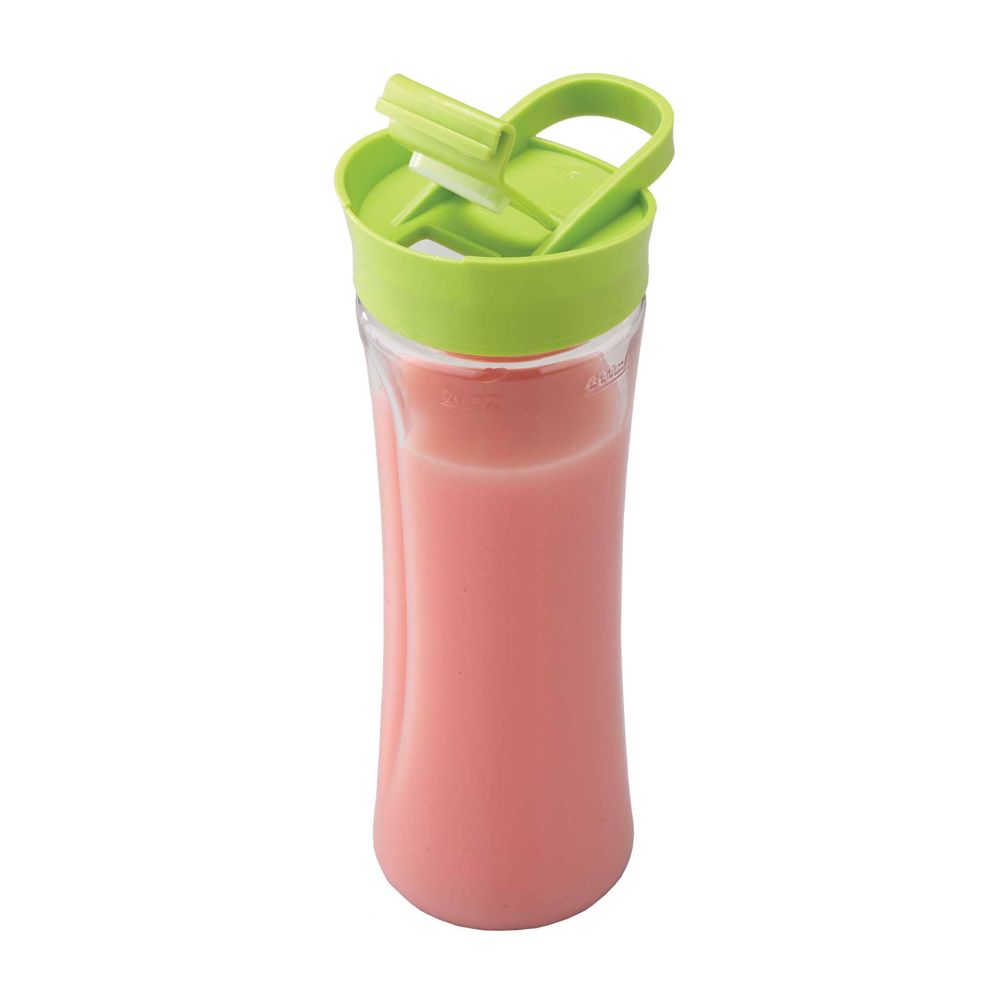 Twenty-ounce travel cup filled with a smoothie and fitted with its green lid