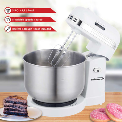 Brentwood SM-1162W 5-Speed Stand Mixer with 3.5 Quart Stainless Steel Mixing Bowl, White
