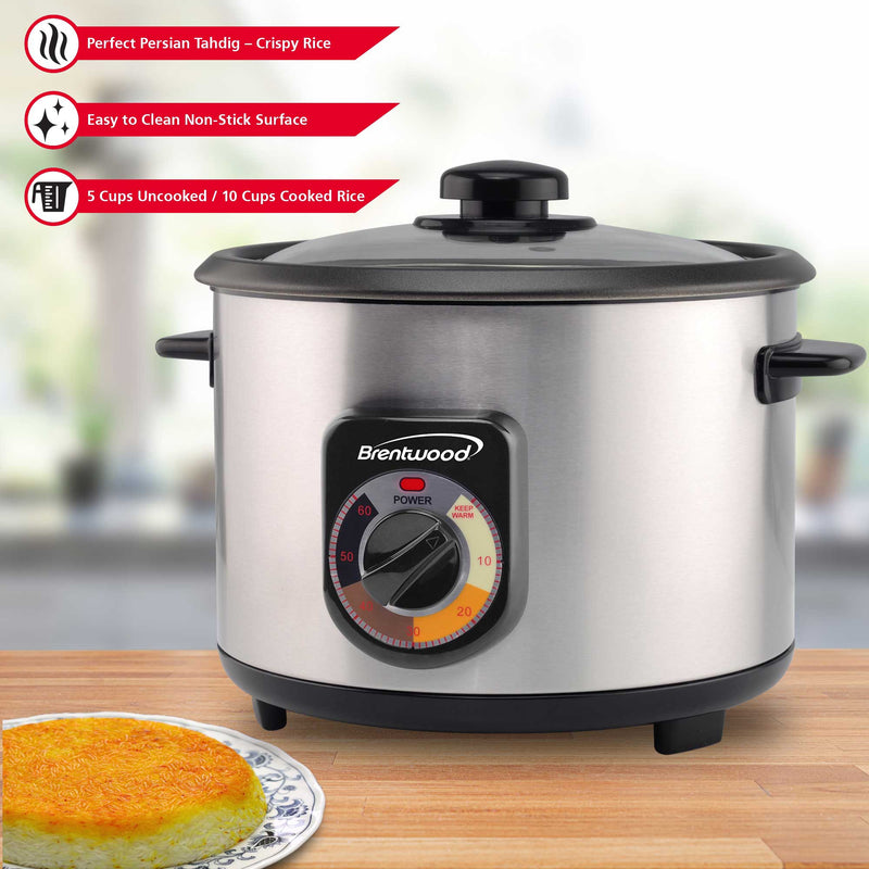 Brentwood TS-1210S 5-Cup Uncooked/10-Cup Cooked Crunchy Persian Rice Cooker, Stainless Steel