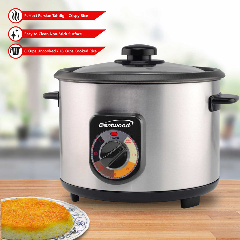 Brentwood TS-1216S 8-Cup Uncooked/16-Cup Cooked Crunchy Persian Rice Cooker, Stainless Steel