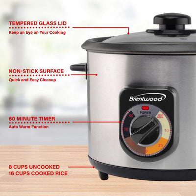 Brentwood TS-1216S 8-Cup Uncooked/16-Cup Cooked Crunchy Persian Rice Cooker, Stainless Steel