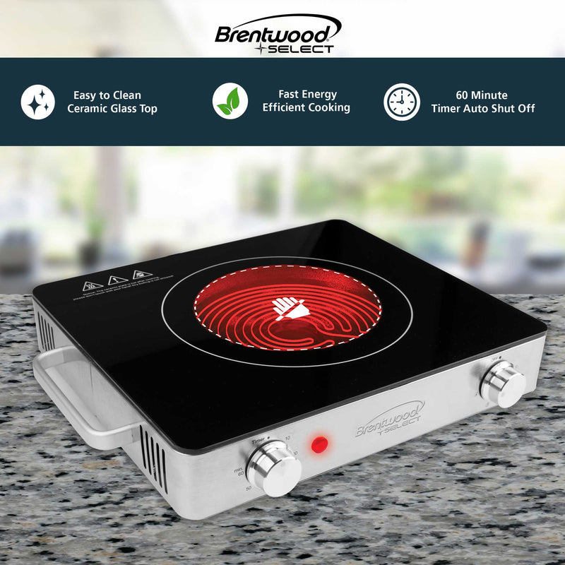 Brentwood Select TS-381 1200w Single Infrared Electric Countertop Burner with Timer, Stainless Steel