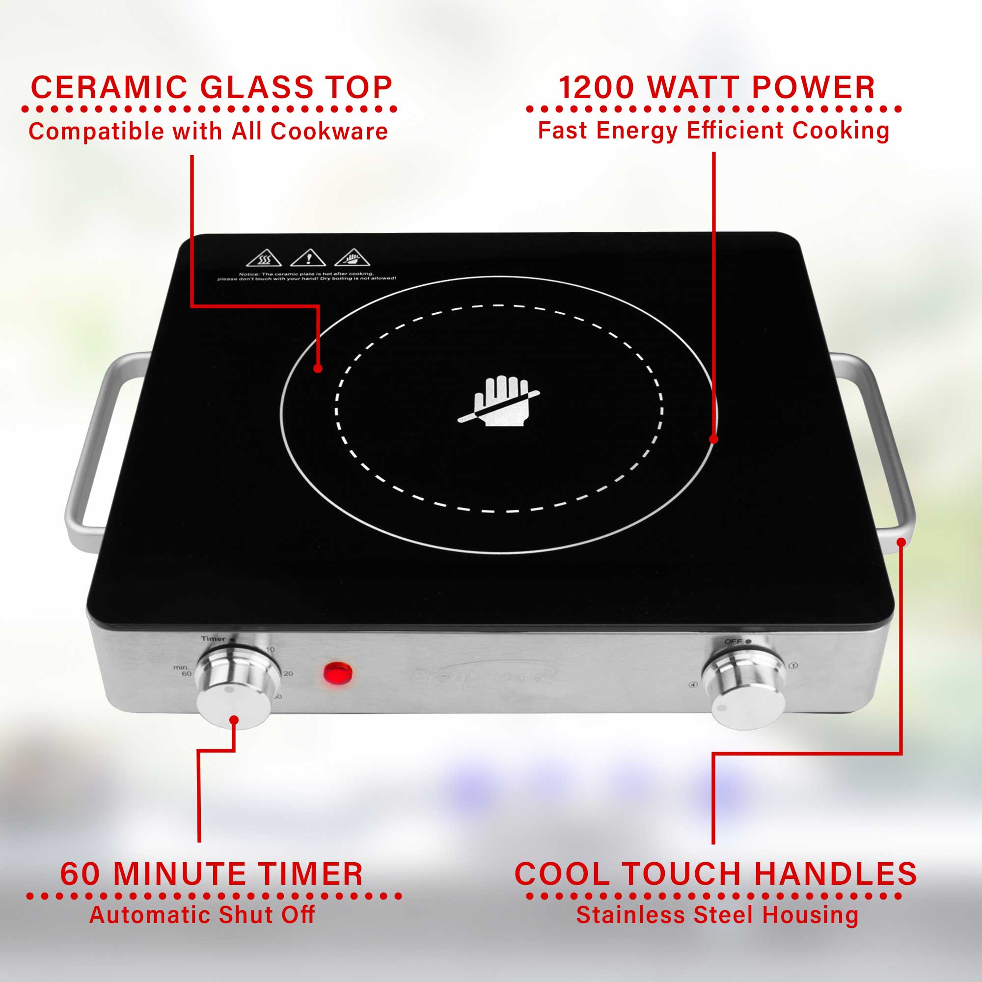 Brentwood Select TS-381 1200w Single Infrared Electric Countertop Burner with Timer, Stainless Steel