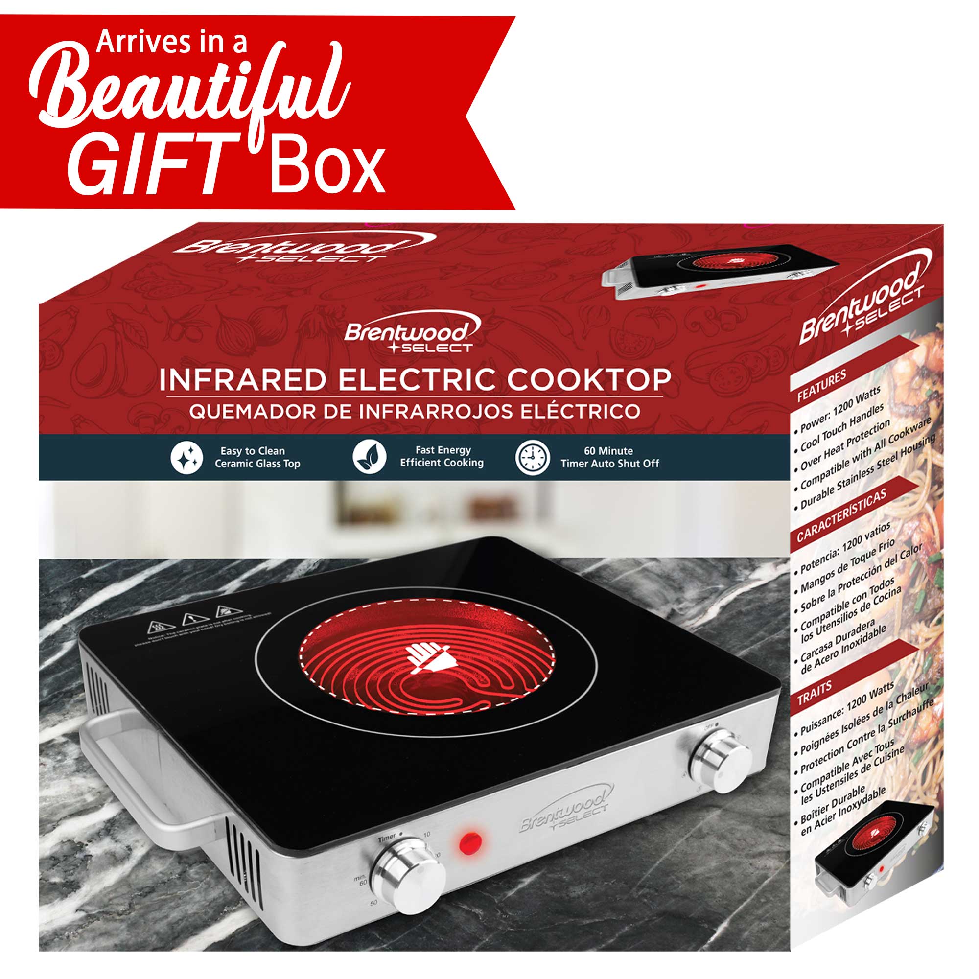 Brentwood Select TS-381 1200w Single Infrared Electric Countertop Burner with Timer, Stainless Steel