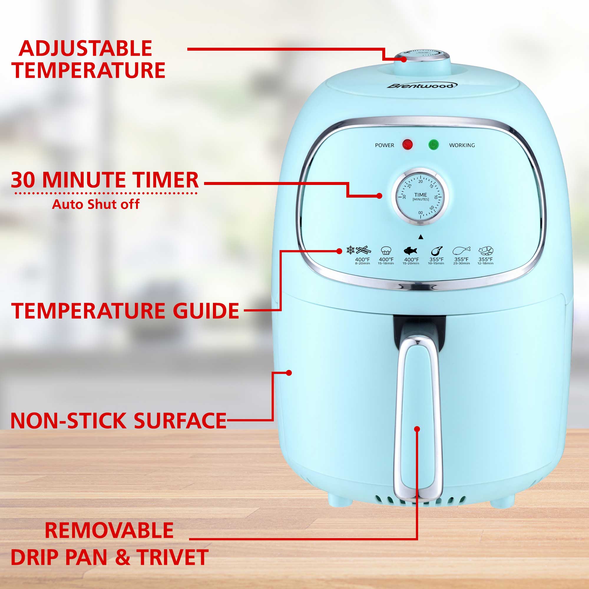 Brentwood AF-202BL 2-Quart Small Electric Air Fryer, Timer & Temp. Control, Blue