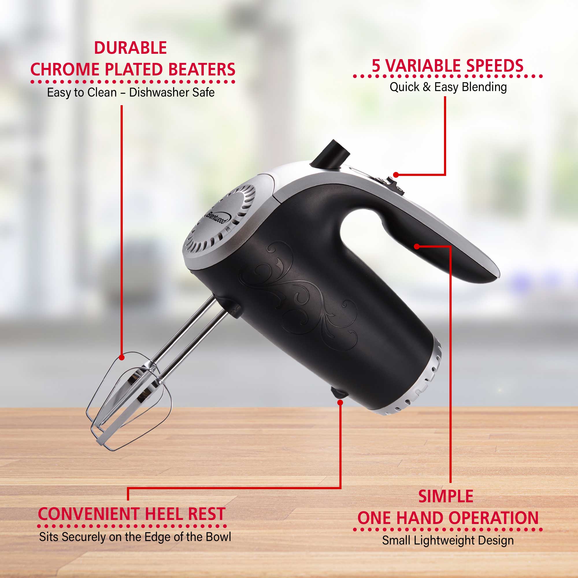 Brentwood HM-48B Lightweight 5-Speed Electric Hand Mixer, Black