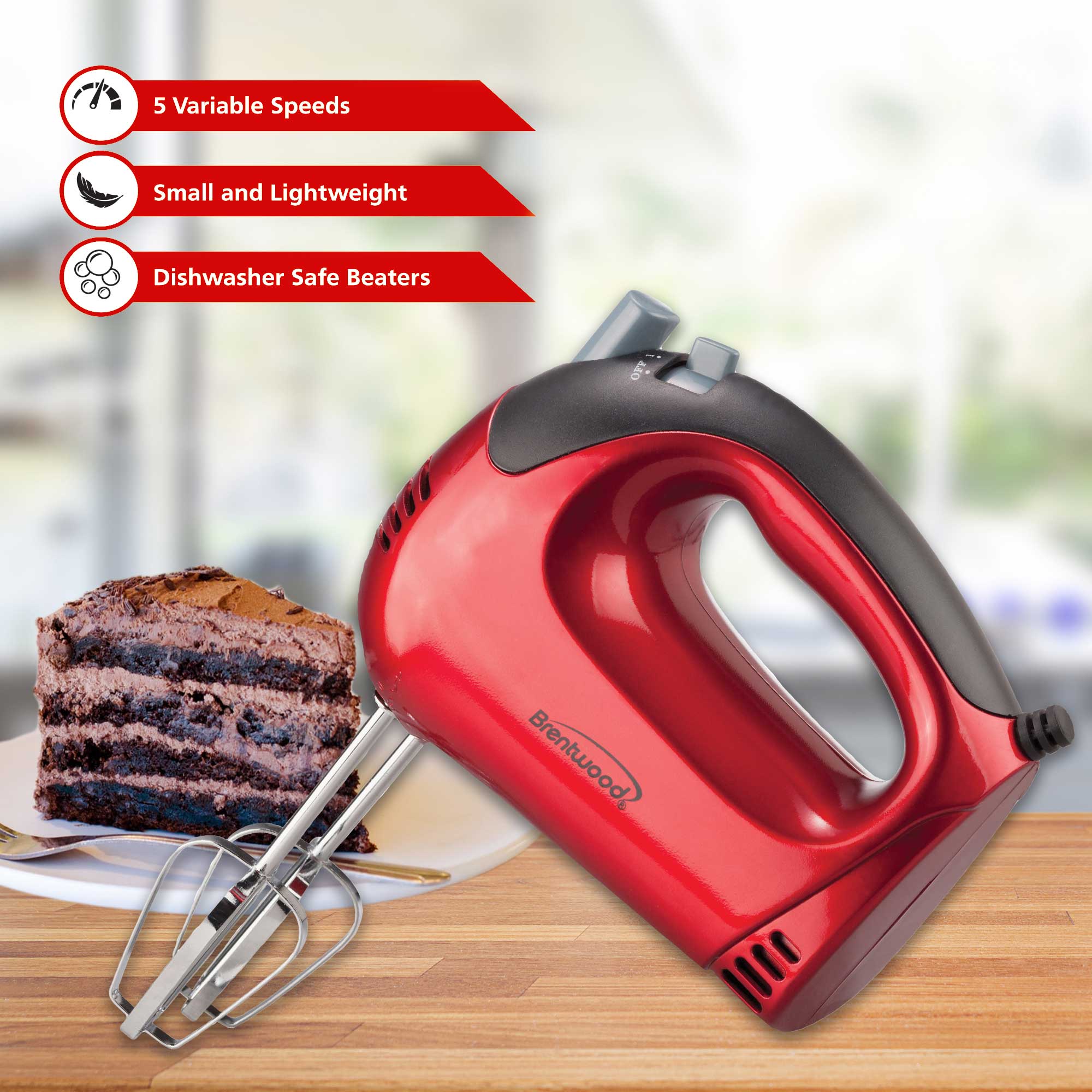 Brentwood HM-46 Lightweight 5-Speed Electric Hand Mixer, Red