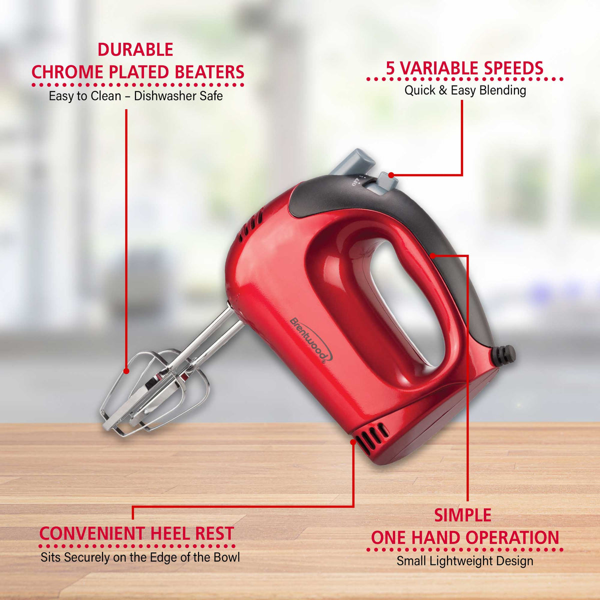 Brentwood HM-46 Lightweight 5-Speed Electric Hand Mixer, Red ...